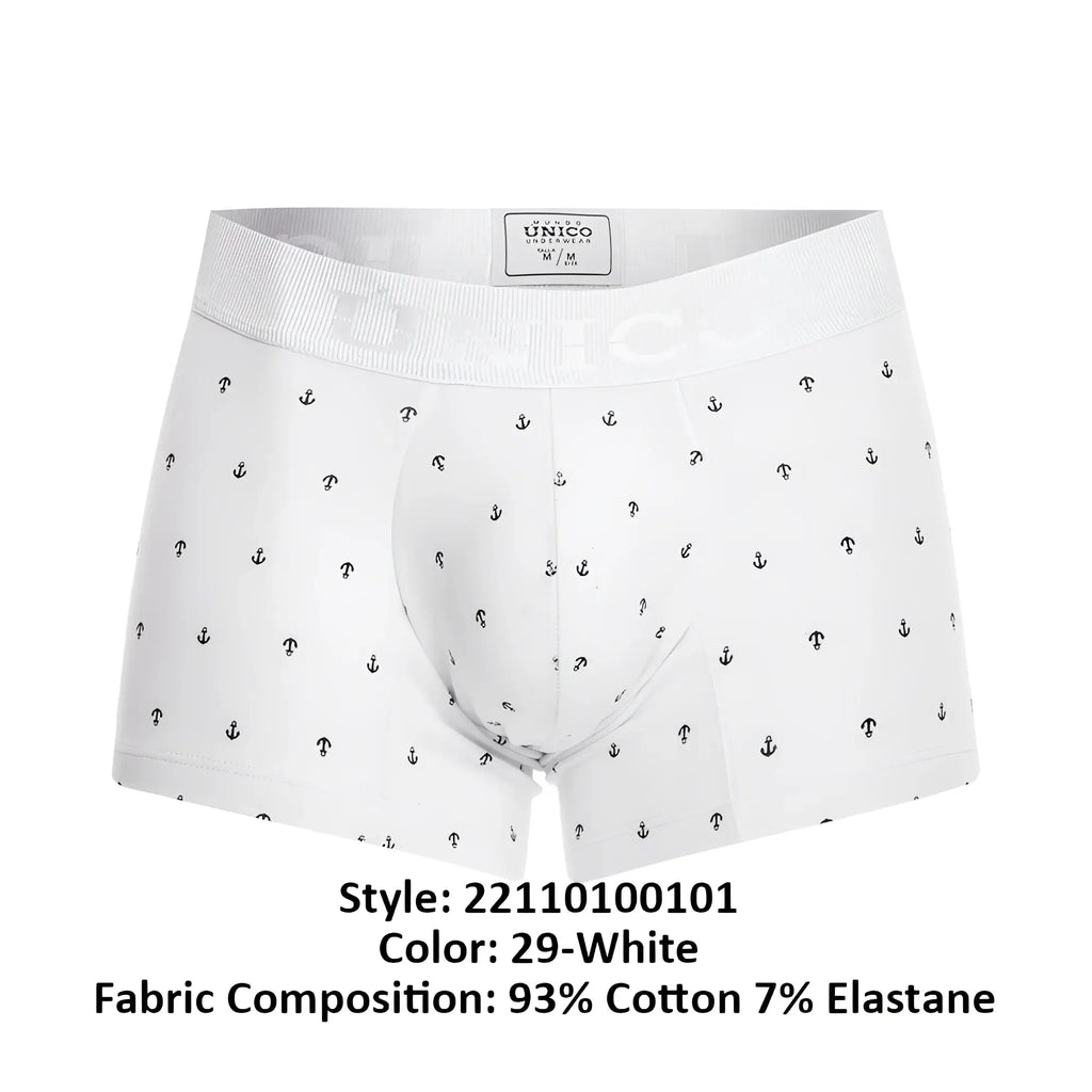 White men’s boxer briefs unico 22110100101 naviero trunks white with black anchor and question mark pattern made of 93 cotton 7 elastane