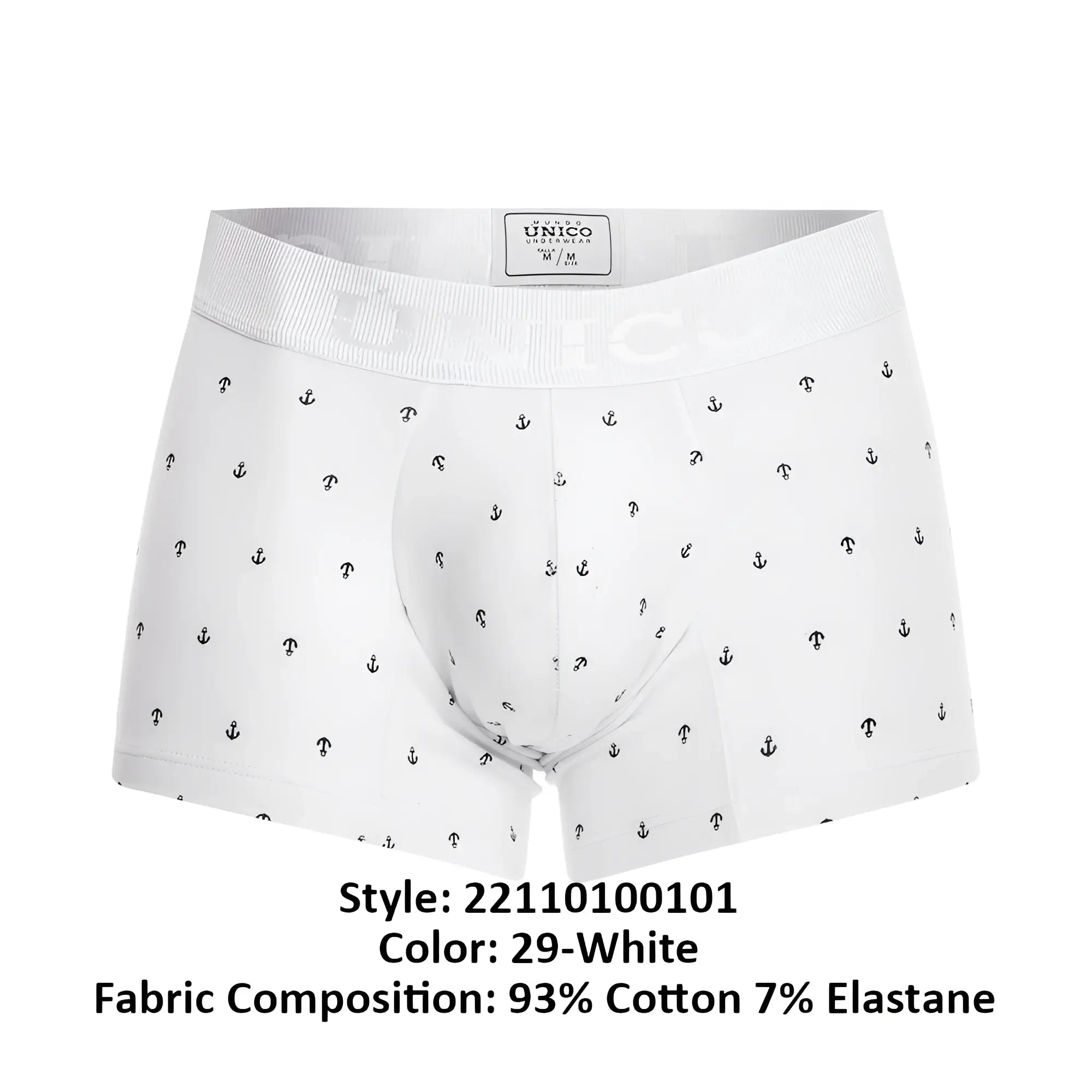 White men’s boxer briefs unico 22110100101 naviero trunks white with black anchor and question mark pattern made of 93 cotton 7 elastane