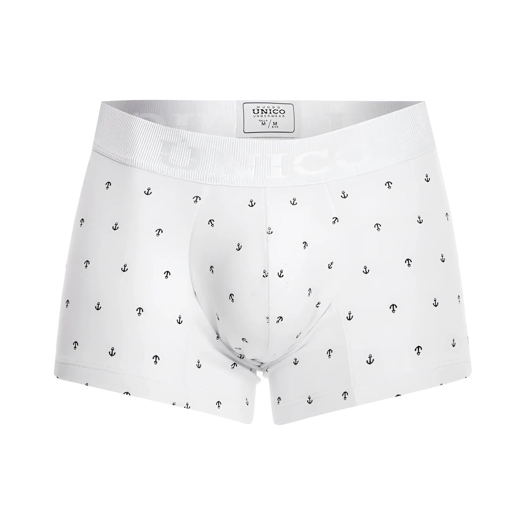 White men’s briefs unico 22110100101 naviero trunks with black anchor and stylized t pattern on white fabric