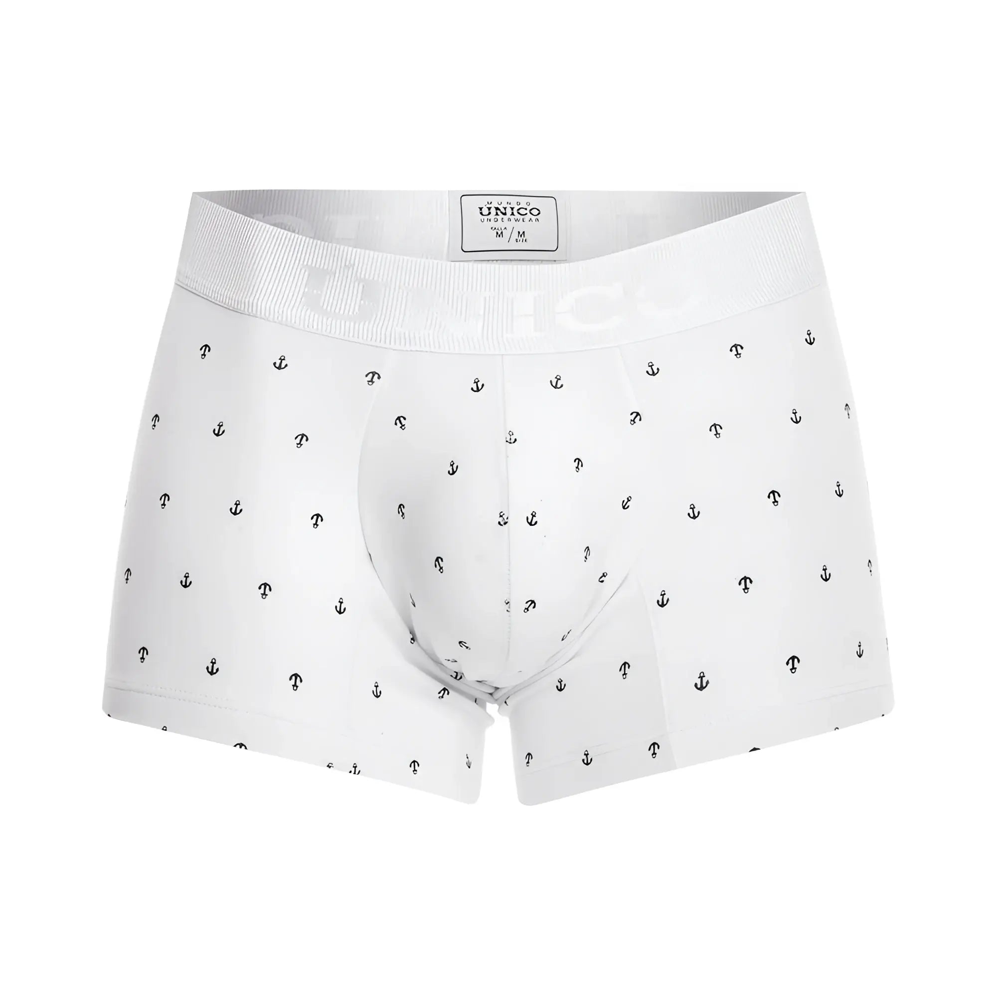 White men’s briefs unico 22110100101 naviero trunks with black anchor and stylized t pattern on white fabric
