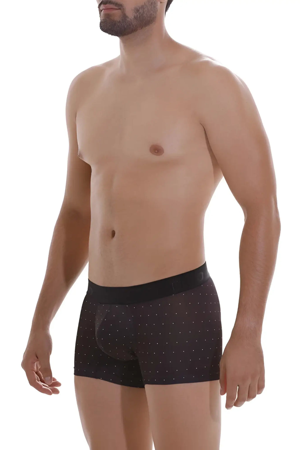 Black Unico Astros trunks with subtle white dot pattern and solid black waistband for comfortable everyday wear
