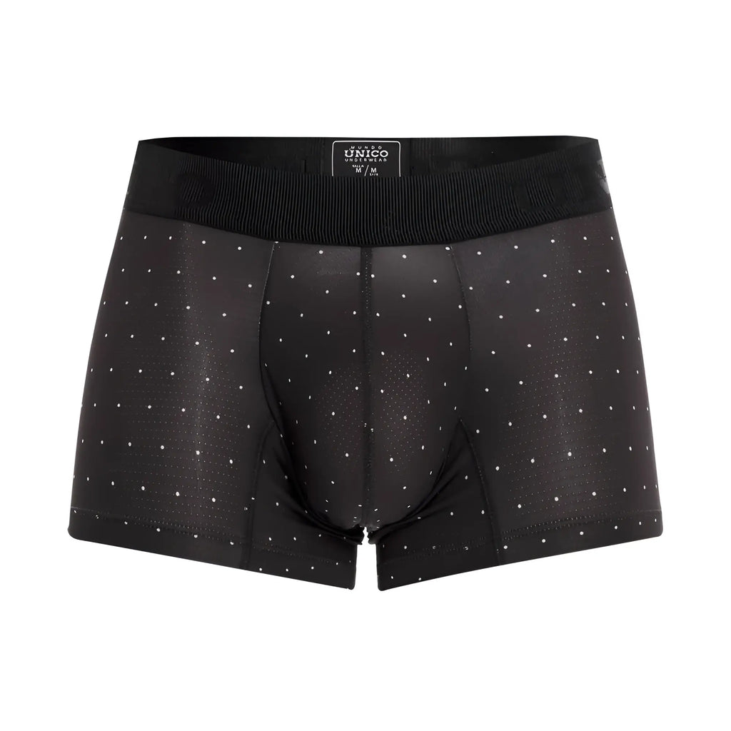 Black unico men’s boxer briefs with white polka dots and textured mesh detailing modeled in color 90-black astros trunks