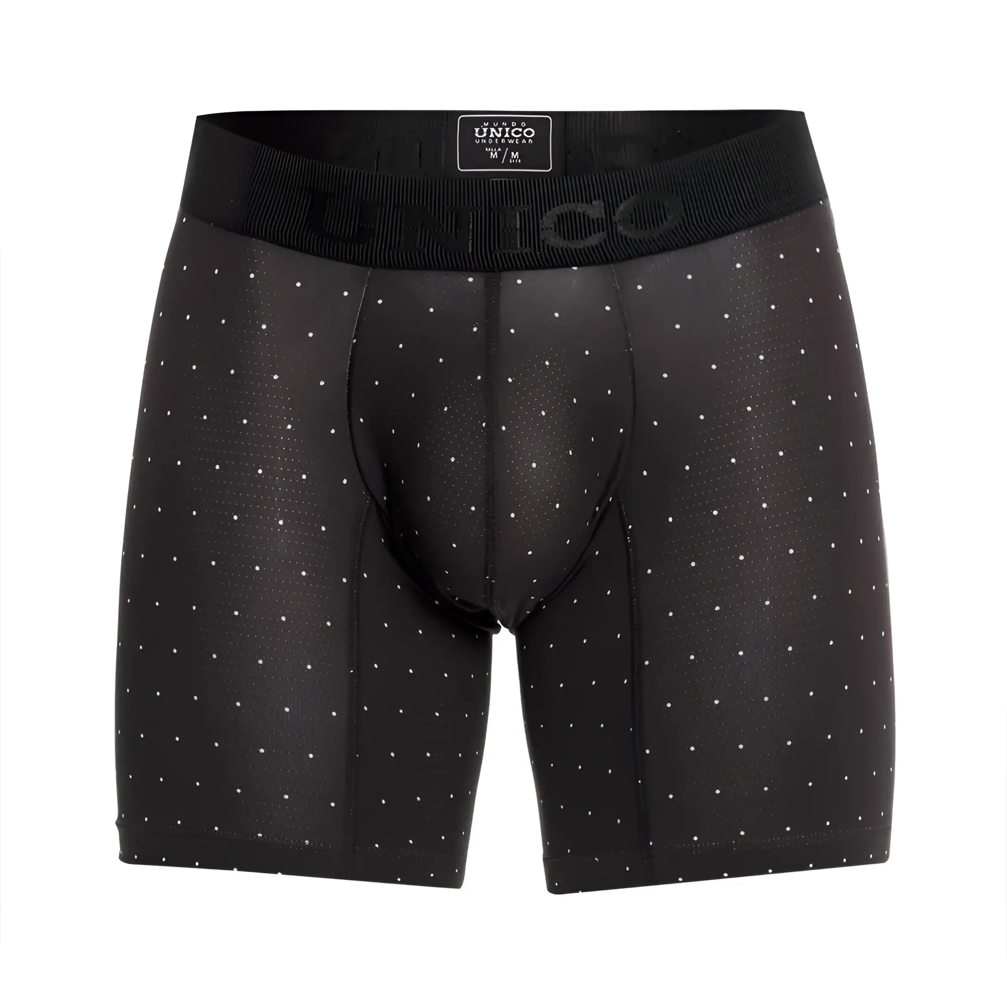 Black unico astros boxer briefs with subtle white polka dots and a ribbed waistband for comfortable wear