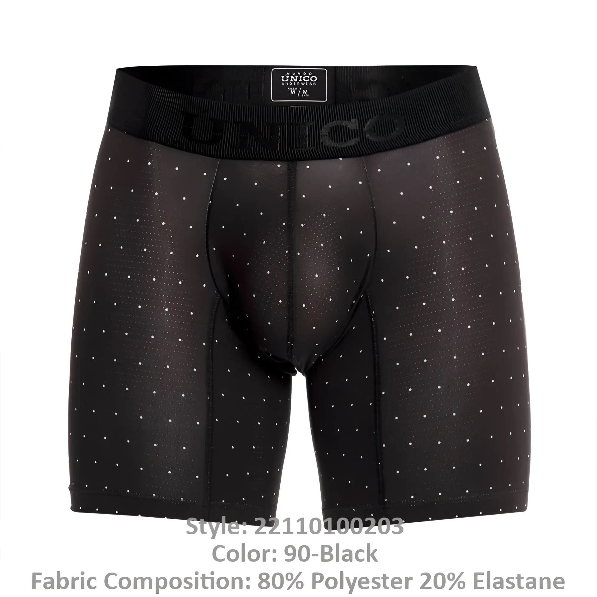 Black unico astros boxer briefs with subtle white polka dots and ribbed waistband in color 90 black