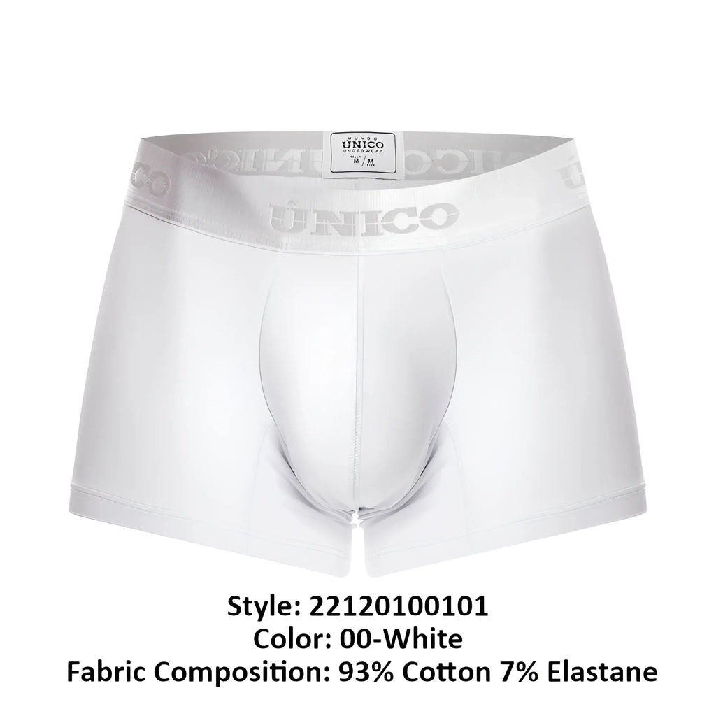 White unico men’s boxer briefs trunk with subtle embossed logo on elastic waistband in color 00 white