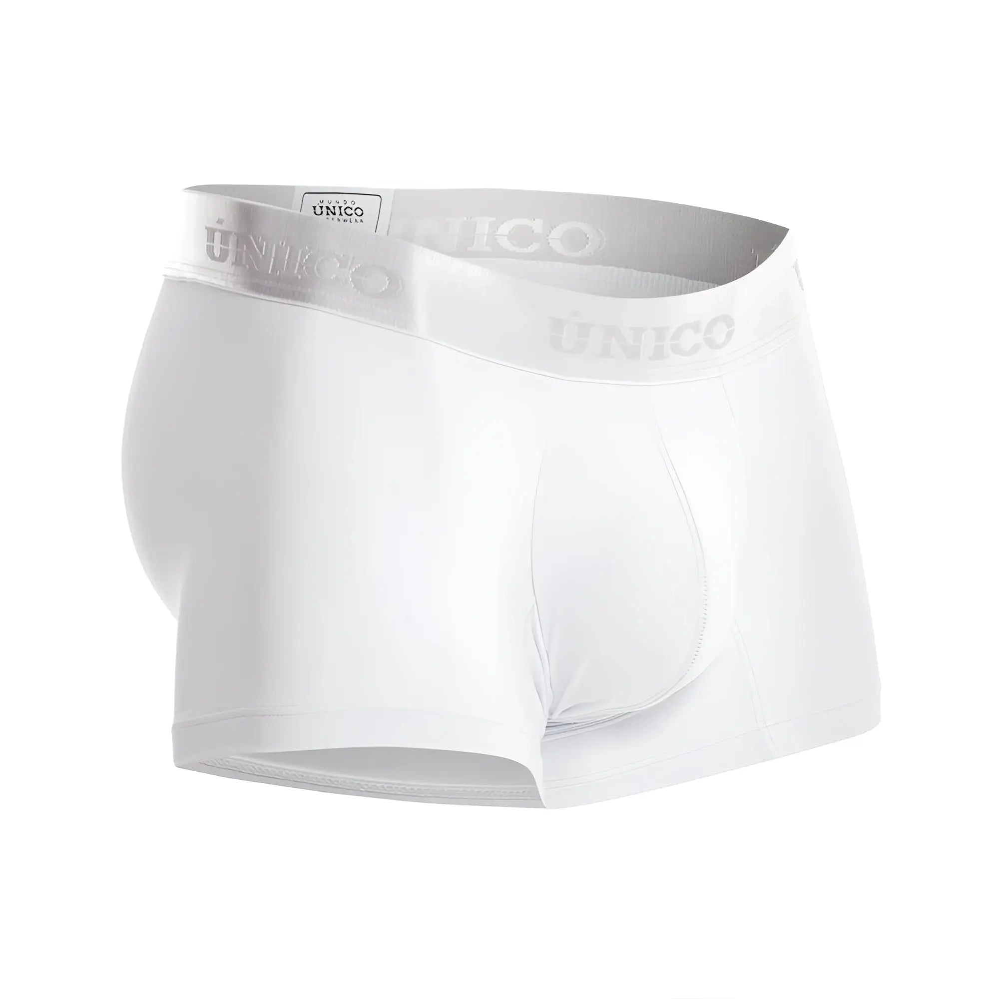 White unico men’s briefs with a silver logo band in cristalino a22 trunks style color 00-white front view