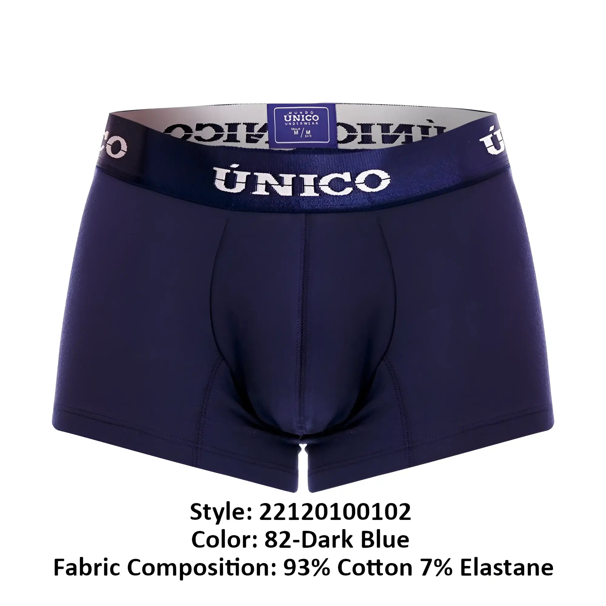 Dark blue unico 22120100102 Profundo A22 men’s boxer briefs with matching elastic waistband and white brand name