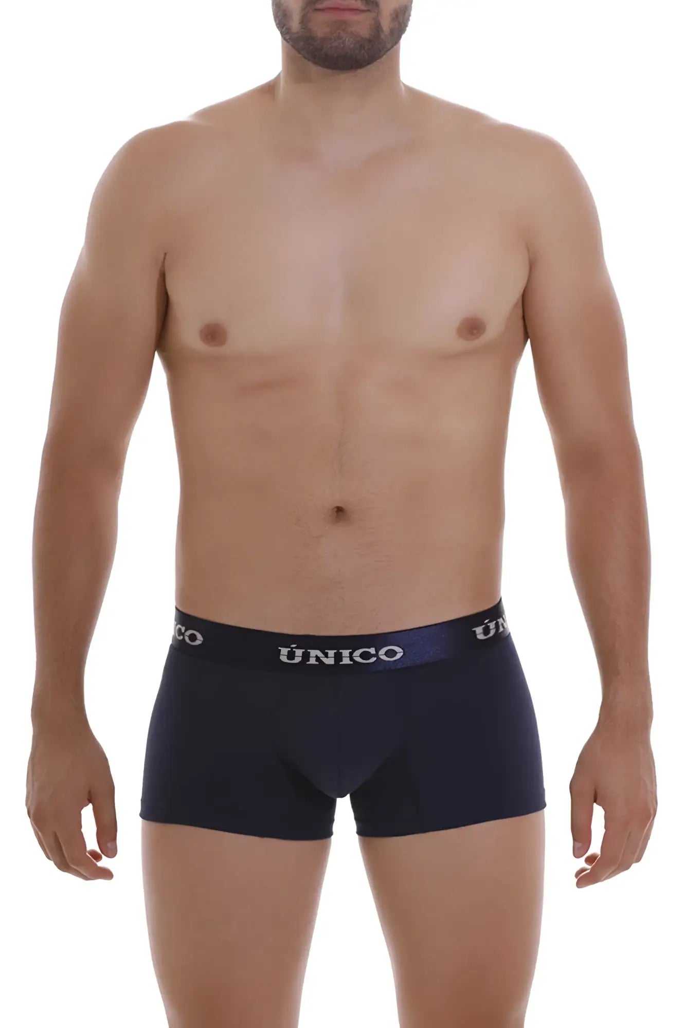 Navy blue unico 22120100102 profundo a22 trunks with white and dark purple elastic waistband and bold unico branding