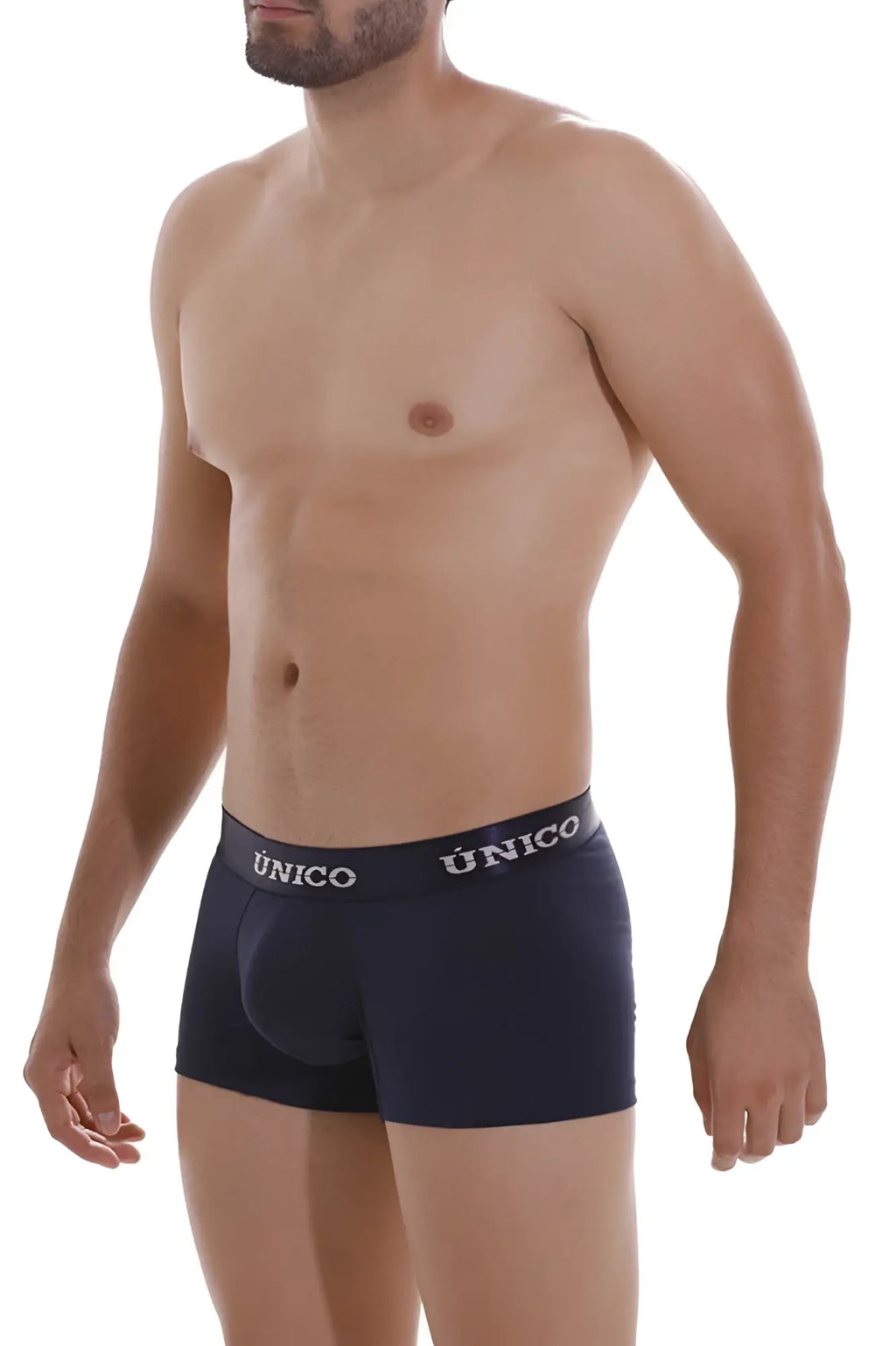 Dark navy blue unico 22120100102 profundo a22 trunks with a white unico logo waistband briefs