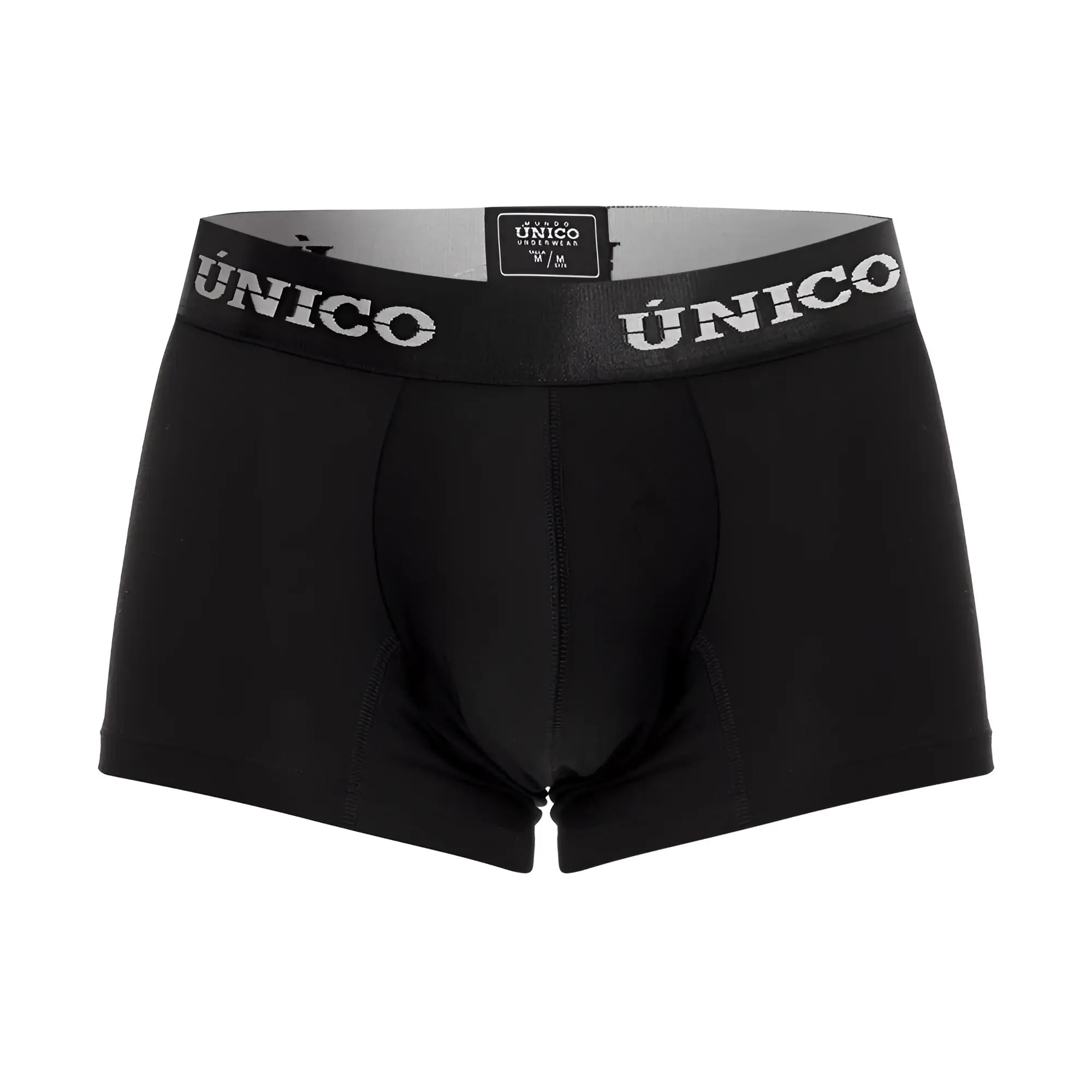 Black unico 22120100103 intenso a22 trunks briefs with gray waistband and white brand name lettering in front view