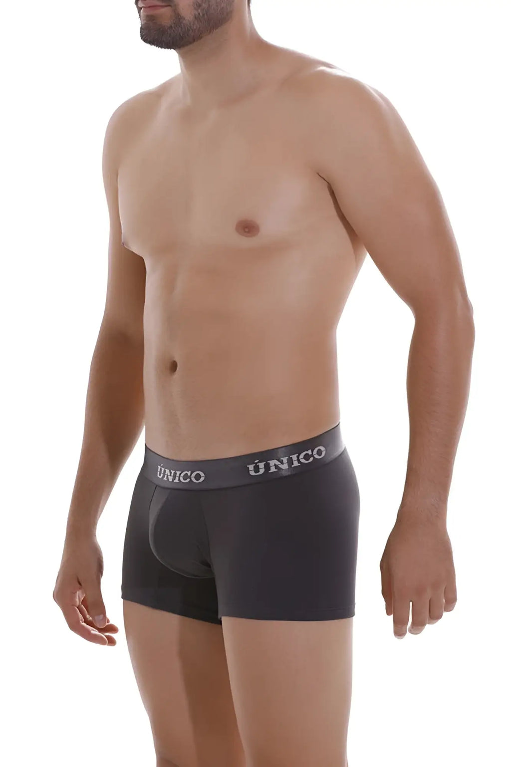 Black unico boxer briefs with gray waistband featuring white brand name in dark gray unico 22120100104 asfalto trunks
