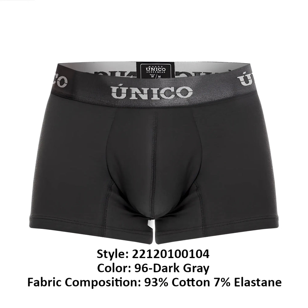 Black unico men’s boxer briefs with gray waistband featuring white brand name lettering modelo 22120100104 asfalto