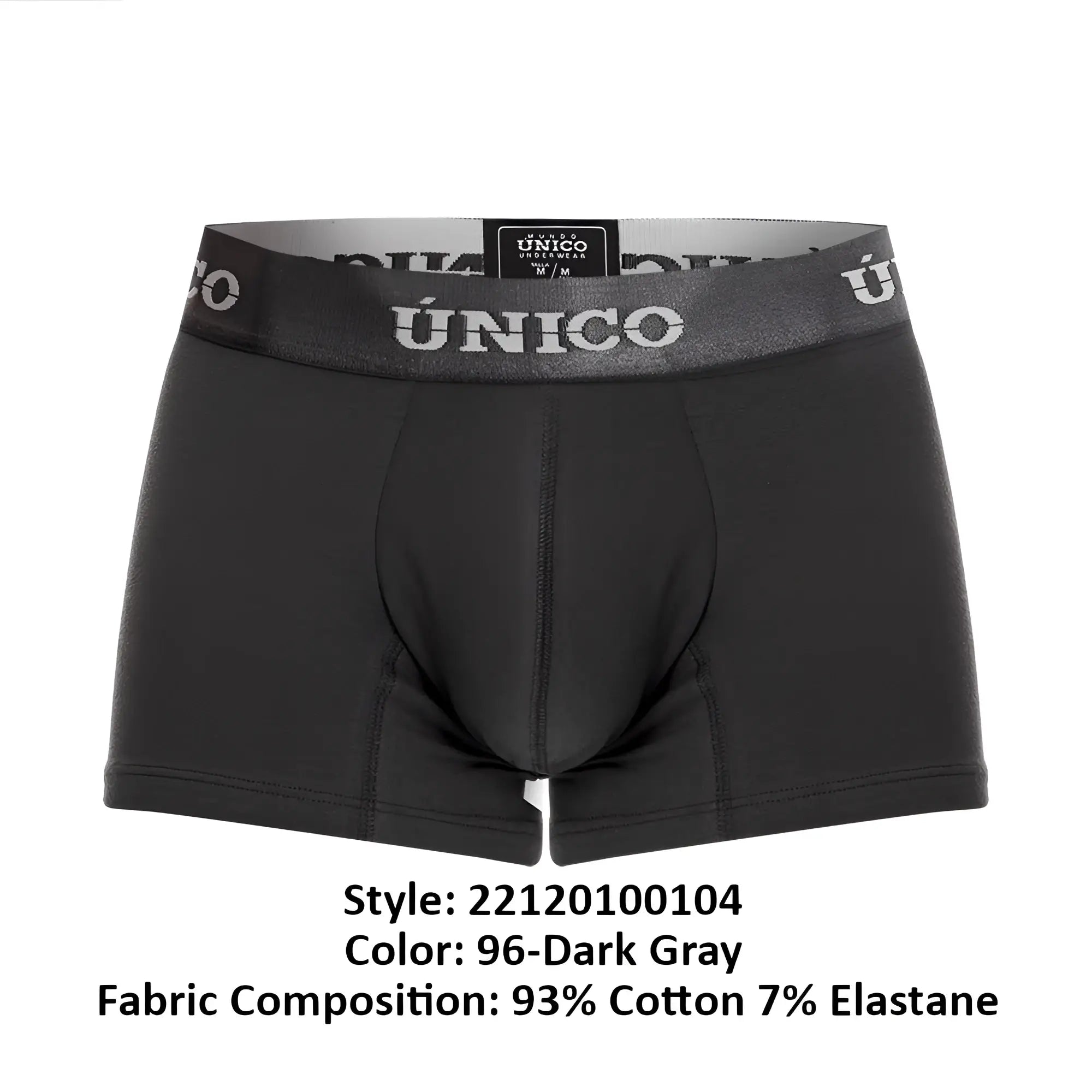 Black unico men’s boxer briefs with gray waistband featuring white brand name lettering modelo 22120100104 asfalto