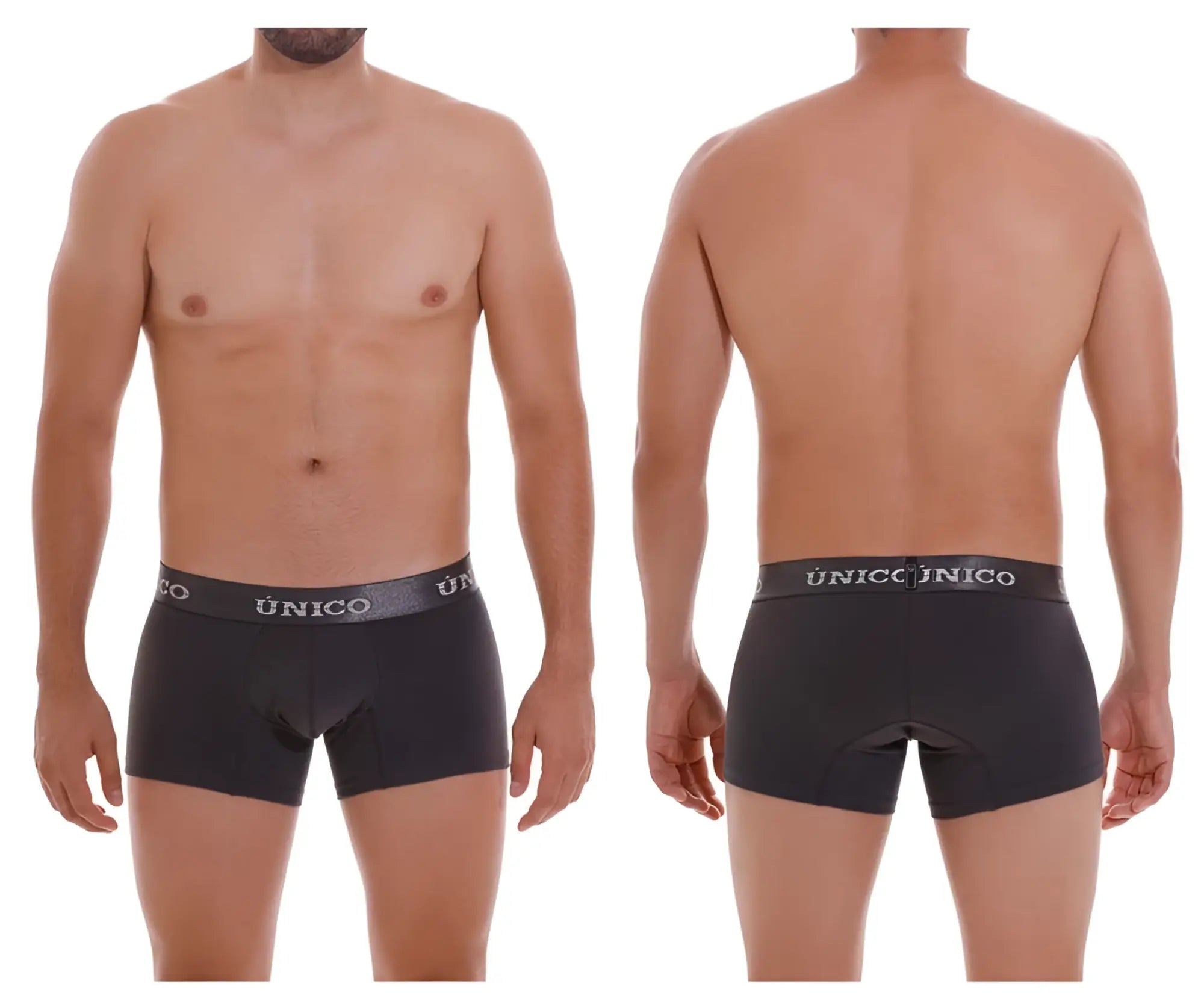 Black unico men’s briefs with gray elastic waistband branded in white from unico 22120100104 asfalto a22 trunks color 96 dark gray