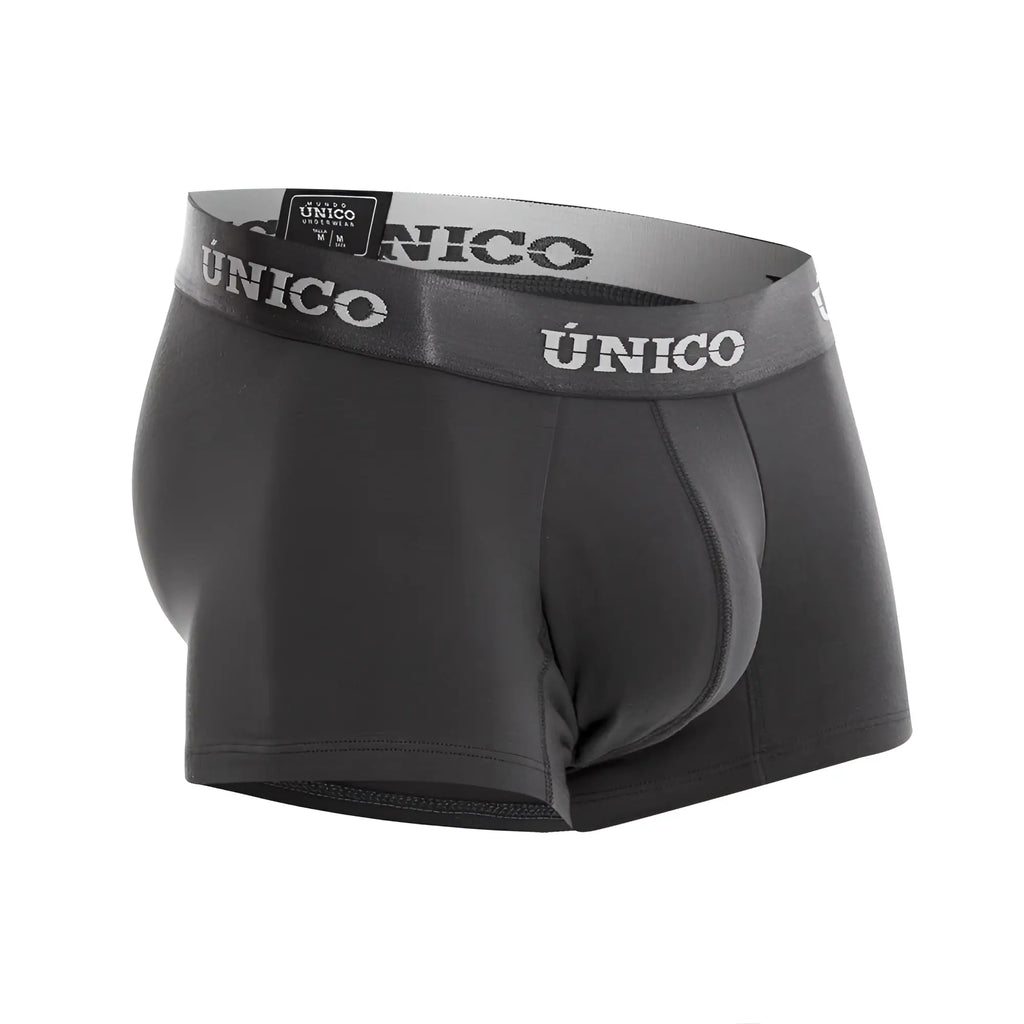 Black unico men’s briefs with gray waistband and white unico branding in dark gray color for comfortable wear