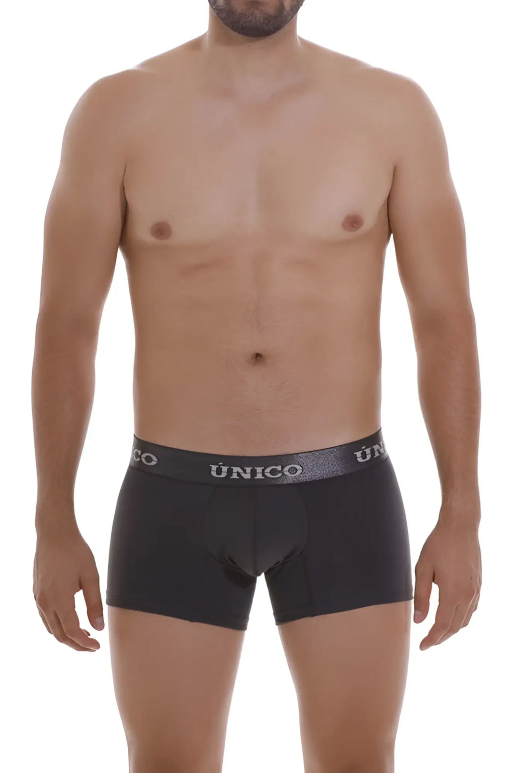 Black Unico 22120100104 Asfalto A22 trunks with gray waistband and white brand name in dark gray color