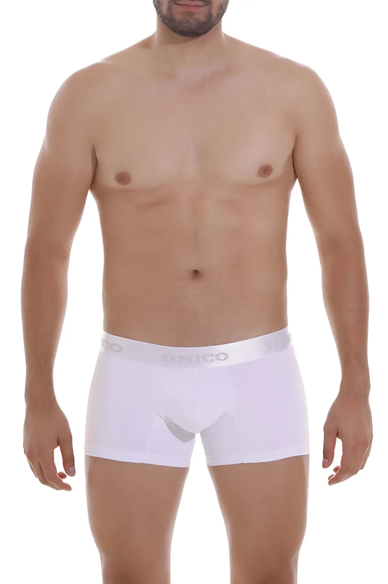 White unico boxer briefs with subtle elastic waistband featuring gray brand name lettering in crisatino m22 trunks style