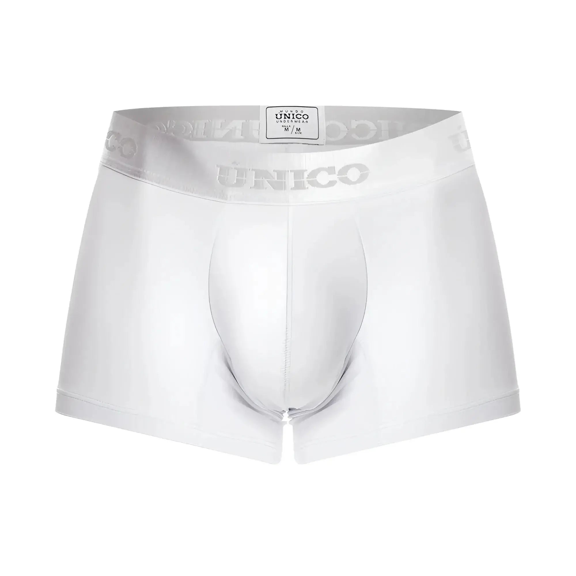 White unico men’s boxer briefs with silver logo trim on waistband in cristalino m22 trunks color 00-white