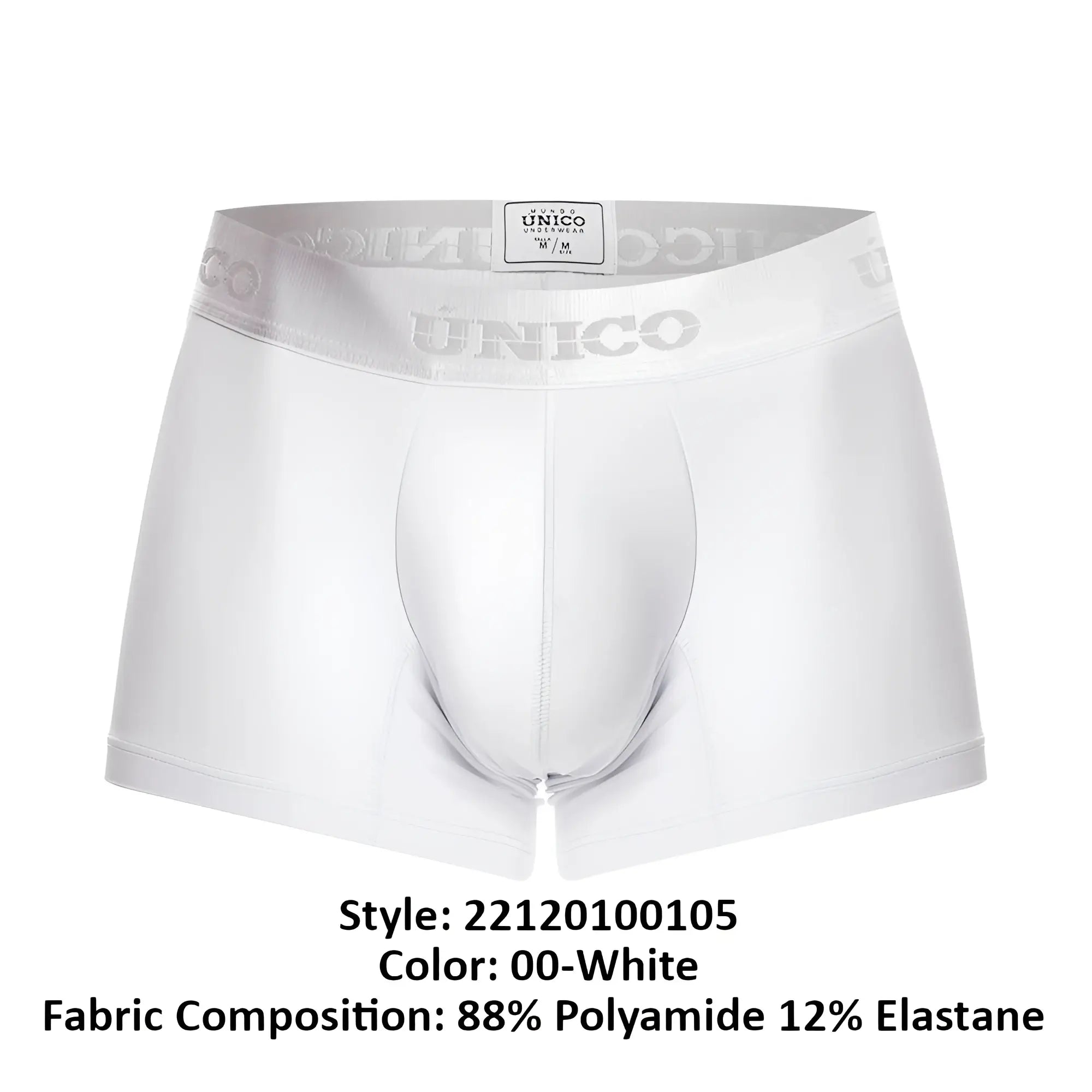 White unico men’s briefs with sleek form-fitting design and subtle brand logo on waistband in Cristalino M22 trunks style