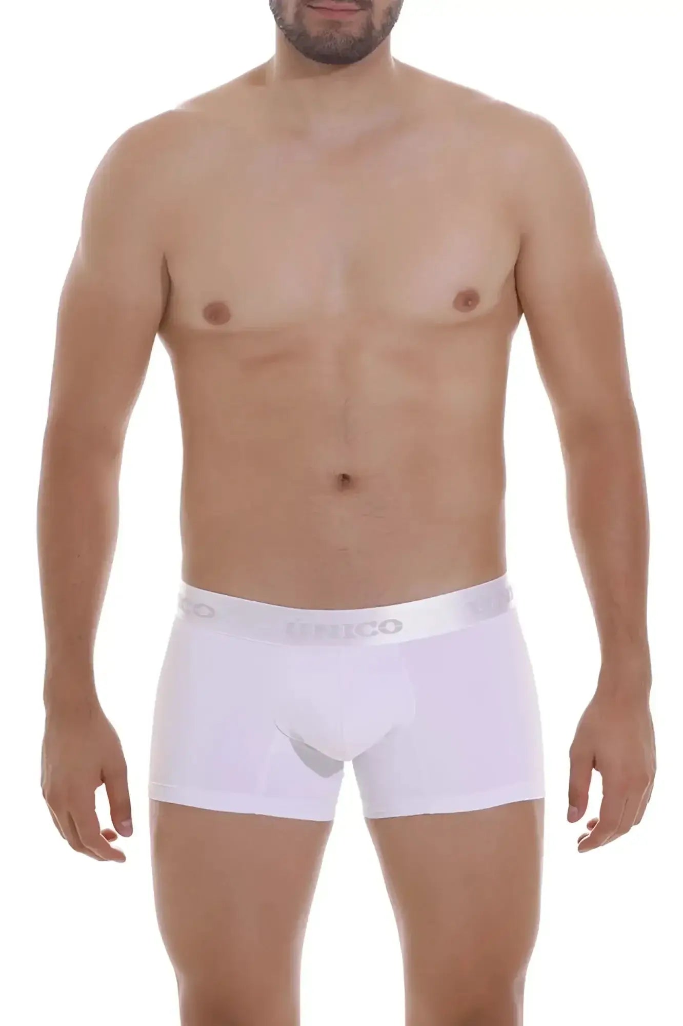 White unico boxer briefs with subtle elastic waistband featuring gray brand name lettering in crisatino m22 trunks style