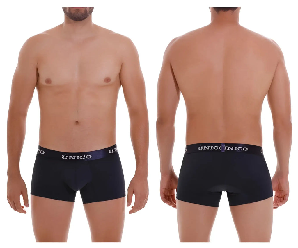 Black unico boxer briefs with purple waistband and unico branding, modelo profondo m22 trunks color 82-dark blue