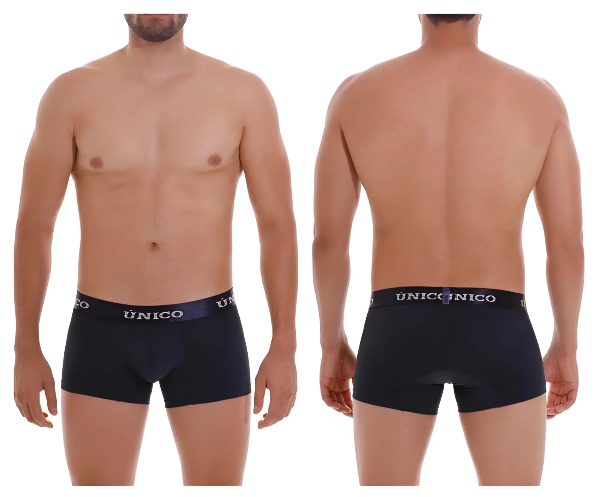 Black unico boxer briefs with purple waistband and unico branding, modelo profondo m22 trunks color 82-dark blue