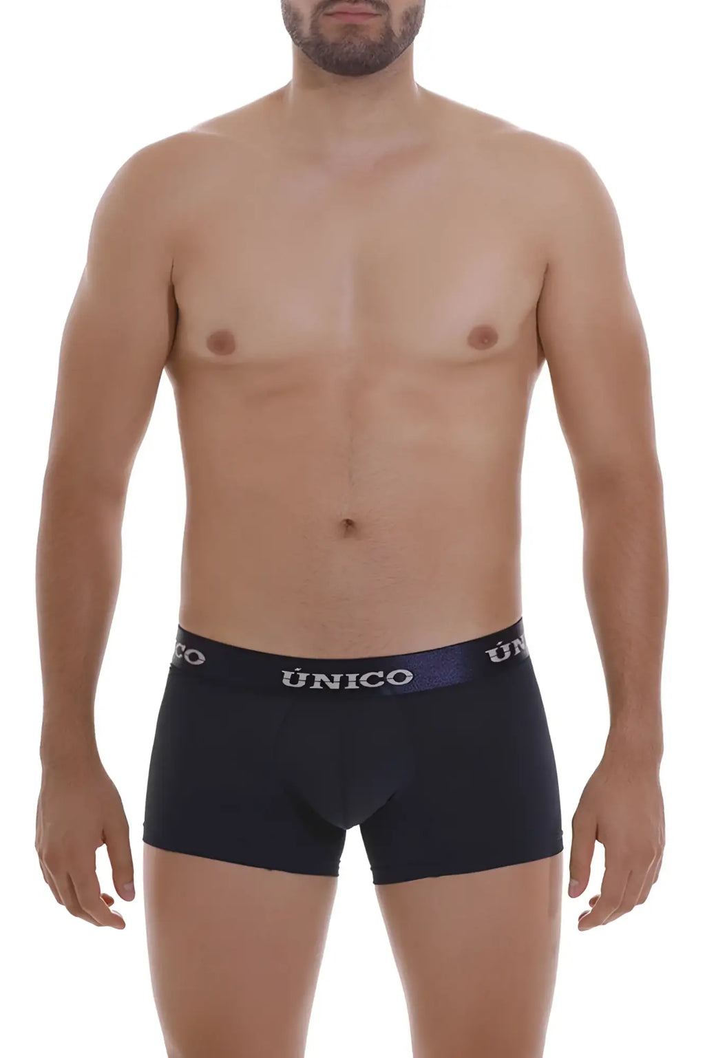Black unico men’s briefs with navy blue waistband and white brand name from unico 22120100106 profundo m22 trunks color 82-dark blue
