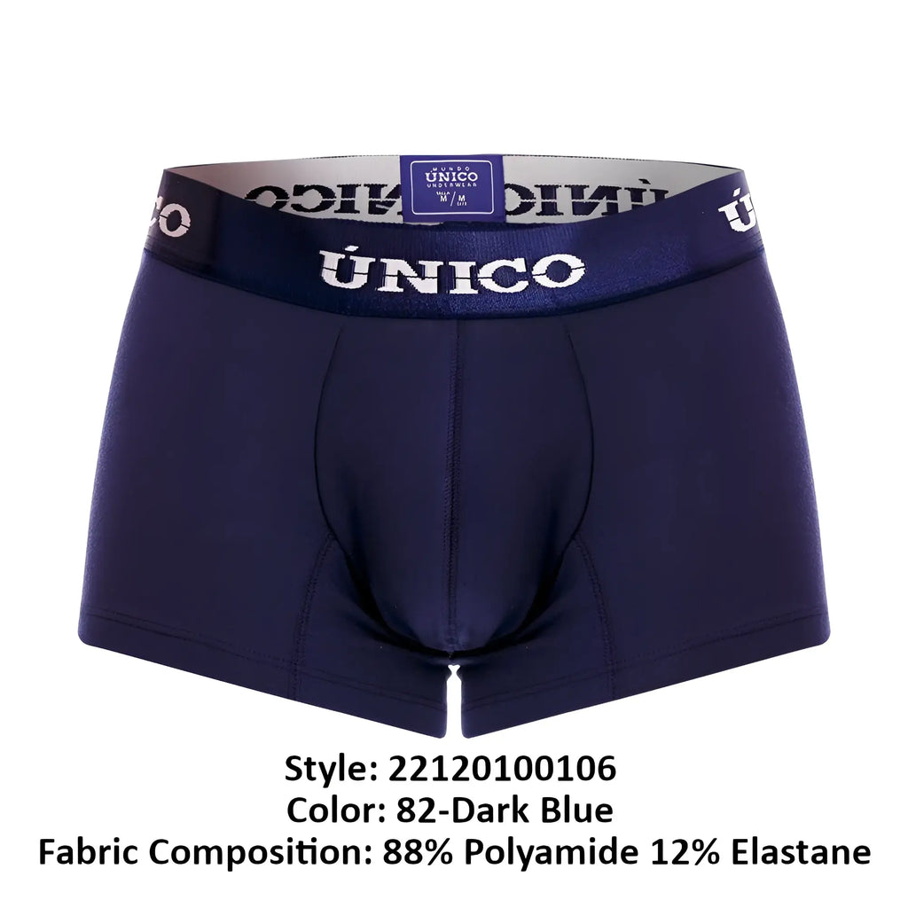 Dark blue unico men’s boxer briefs with matching elastic waistband featuring brand name in white lettering