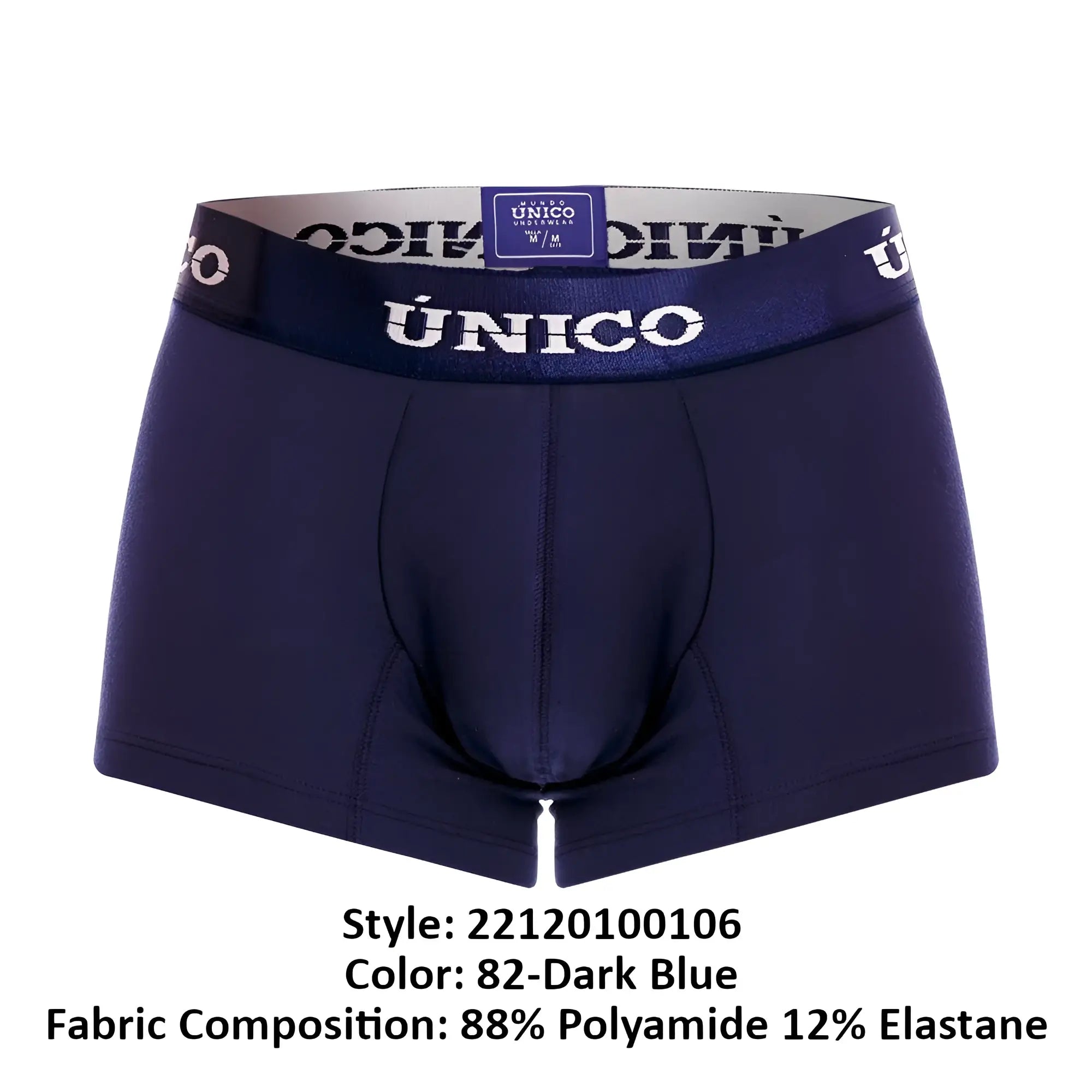 Dark blue unico men’s boxer briefs with matching elastic waistband featuring brand name in white lettering