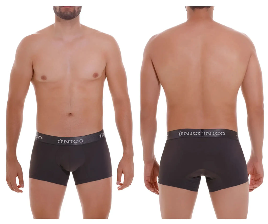Black unico men’s boxer briefs with gray elastic waistband and white brand name text in color 96-dark gray