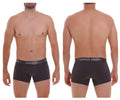 Black unico men’s boxer briefs with gray elastic waistband and white brand name text in color 96-dark gray