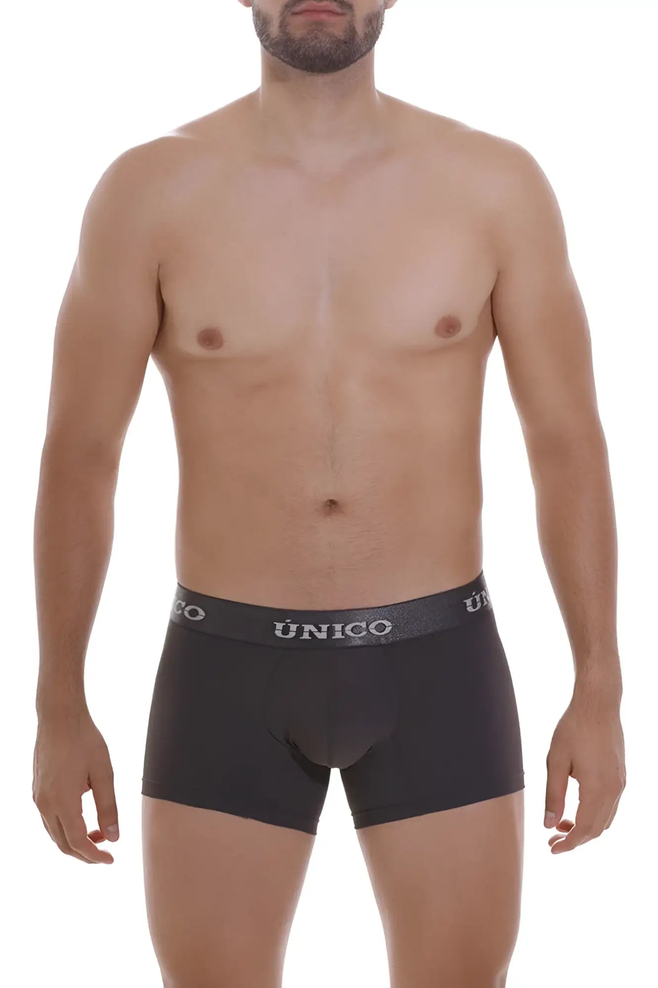 Black unico men’s boxer briefs with gray elastic waistband and white unico branding in color 96 dark gray
