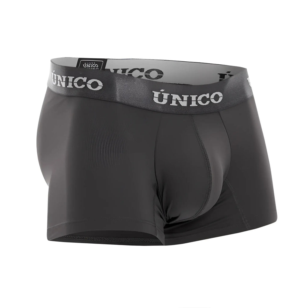 Black unico men’s boxer briefs with gray waistband and white brand name lettering in dark gray color trunks
