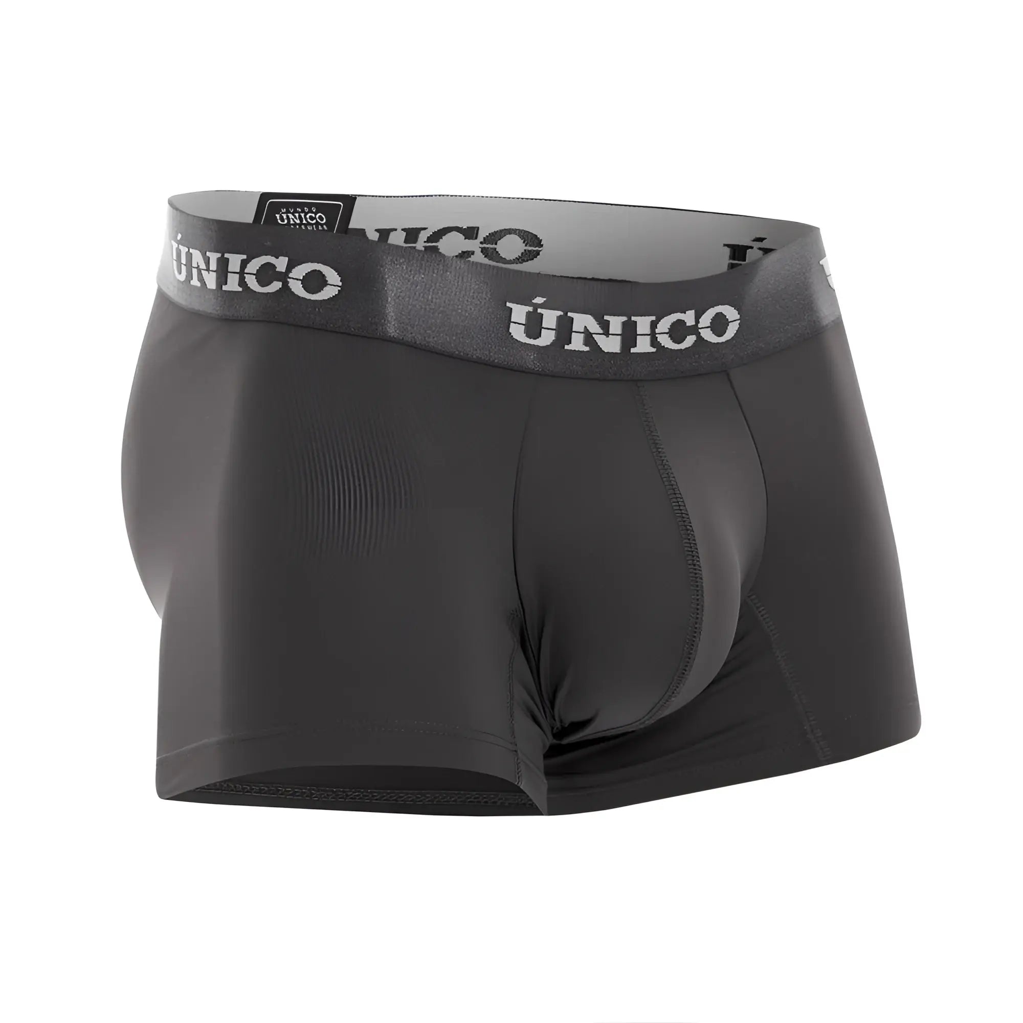 Black unico men’s boxer briefs with gray waistband and white brand name lettering in dark gray color trunks