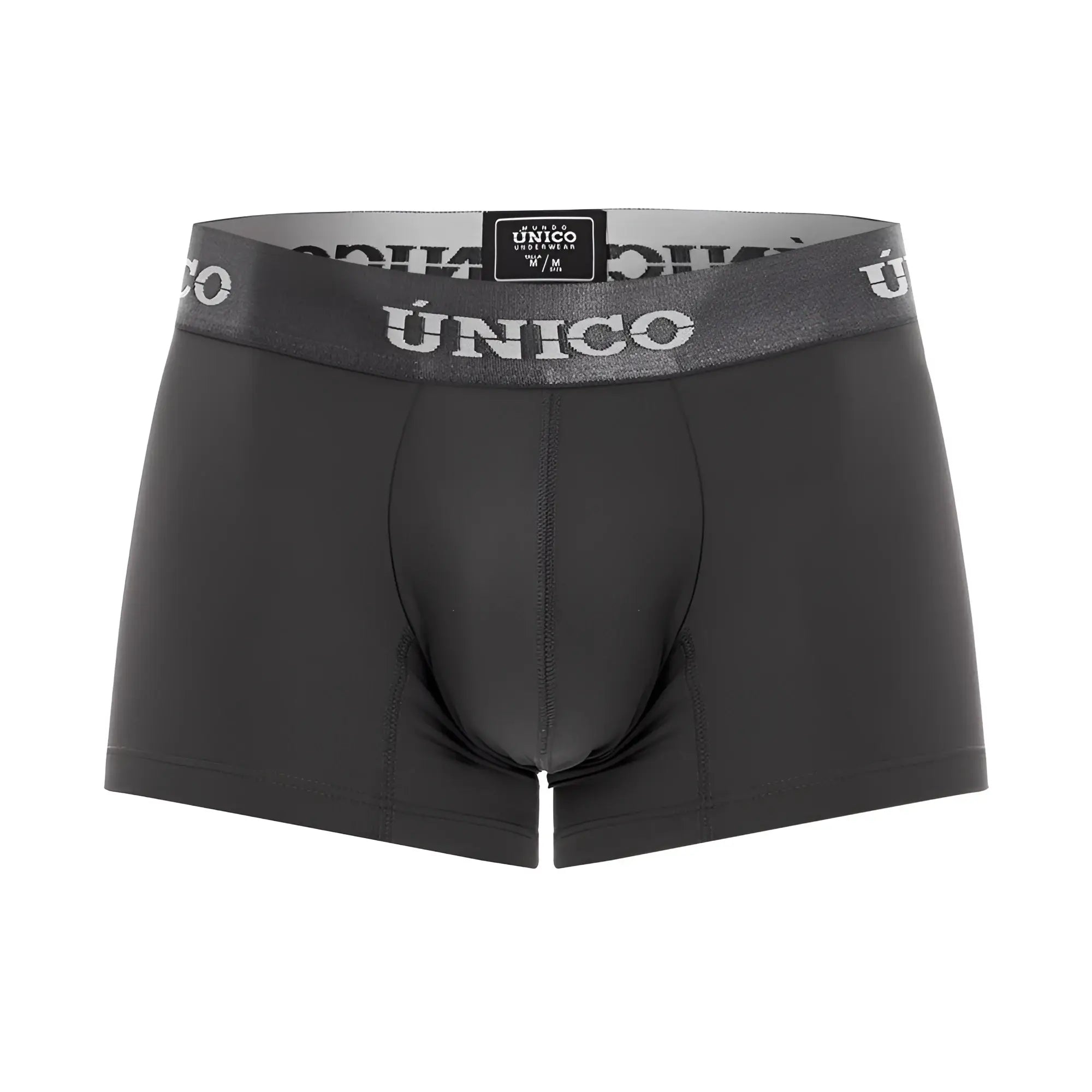 Black unico men’s boxer briefs with gray waistband and white brand name lettering in color 96-dark gray