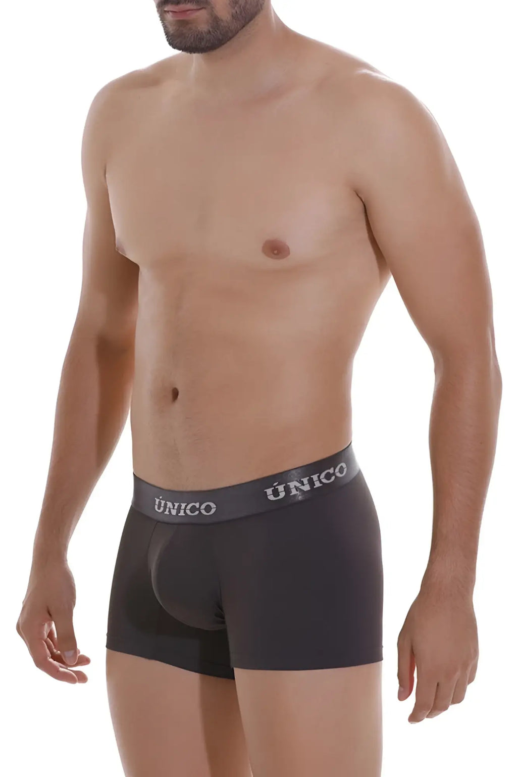 Black unico men’s boxer briefs with gray waistband featuring brand name in white lettering modelo asfalto m22 trunks color 96-dark gray
