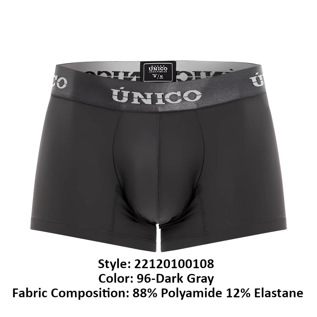 Dark gray unico men’s boxer briefs with textured waistband featuring brand name in white lettering color 96