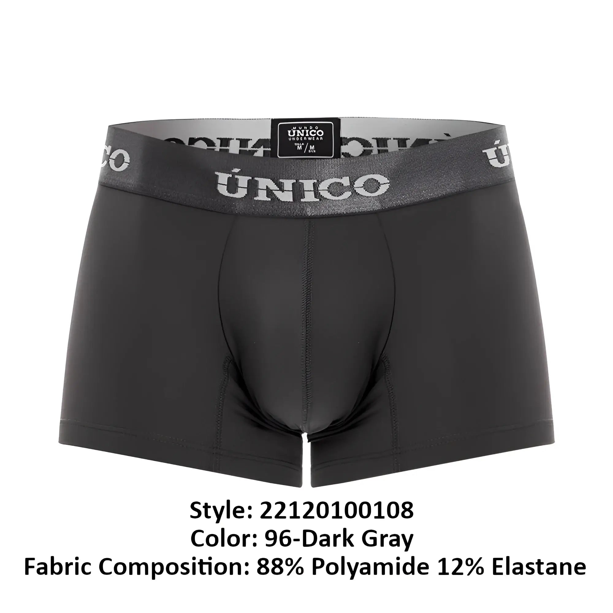 Dark gray unico men’s boxer briefs with textured waistband featuring brand name in white lettering color 96