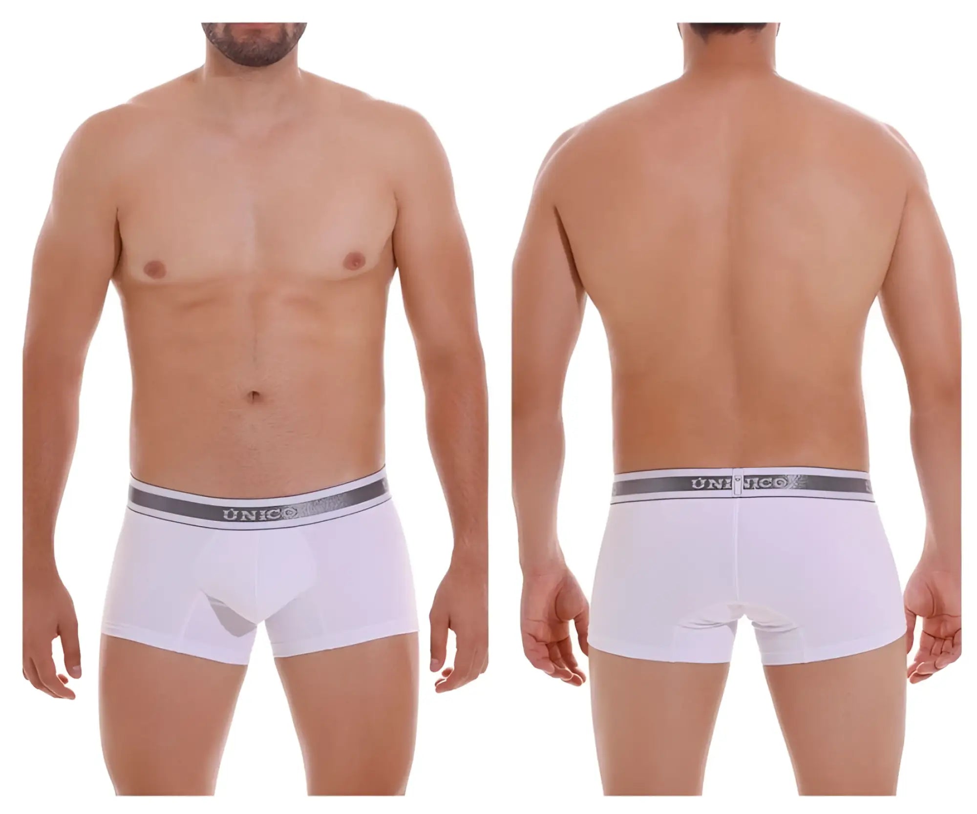 White unico 22120100109 lustre a22 trunks with gray elastic waistband featuring black unico branding