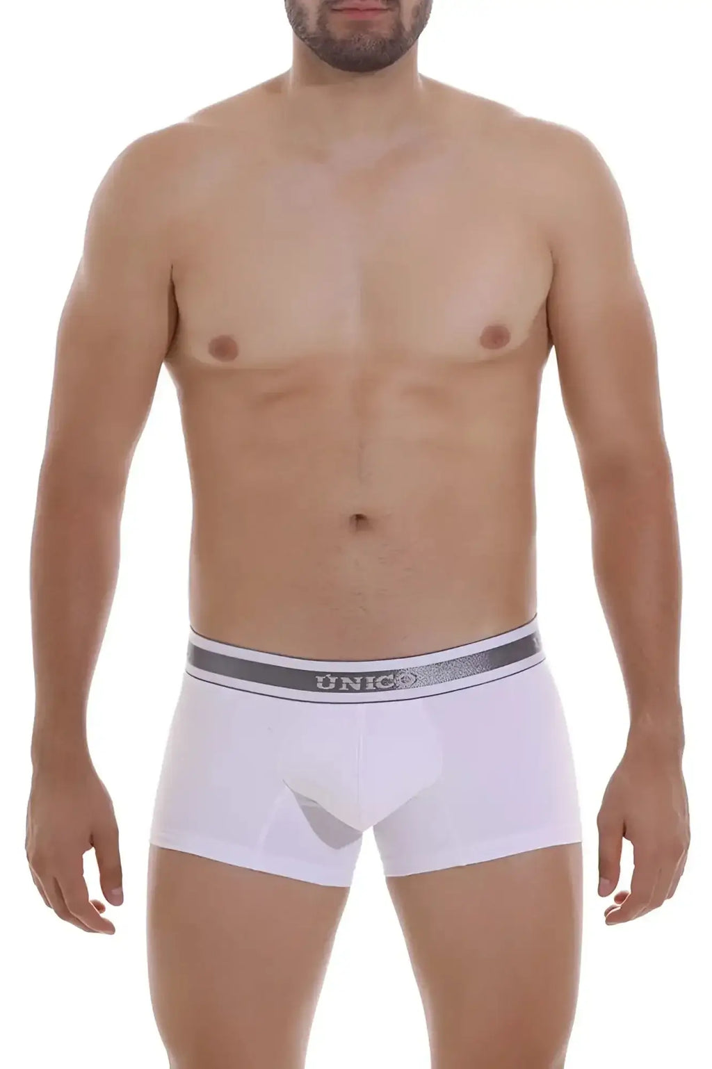 White unico 22120100109 lustre a22 men’s briefs with gray elastic waistband featuring silver brand lettering