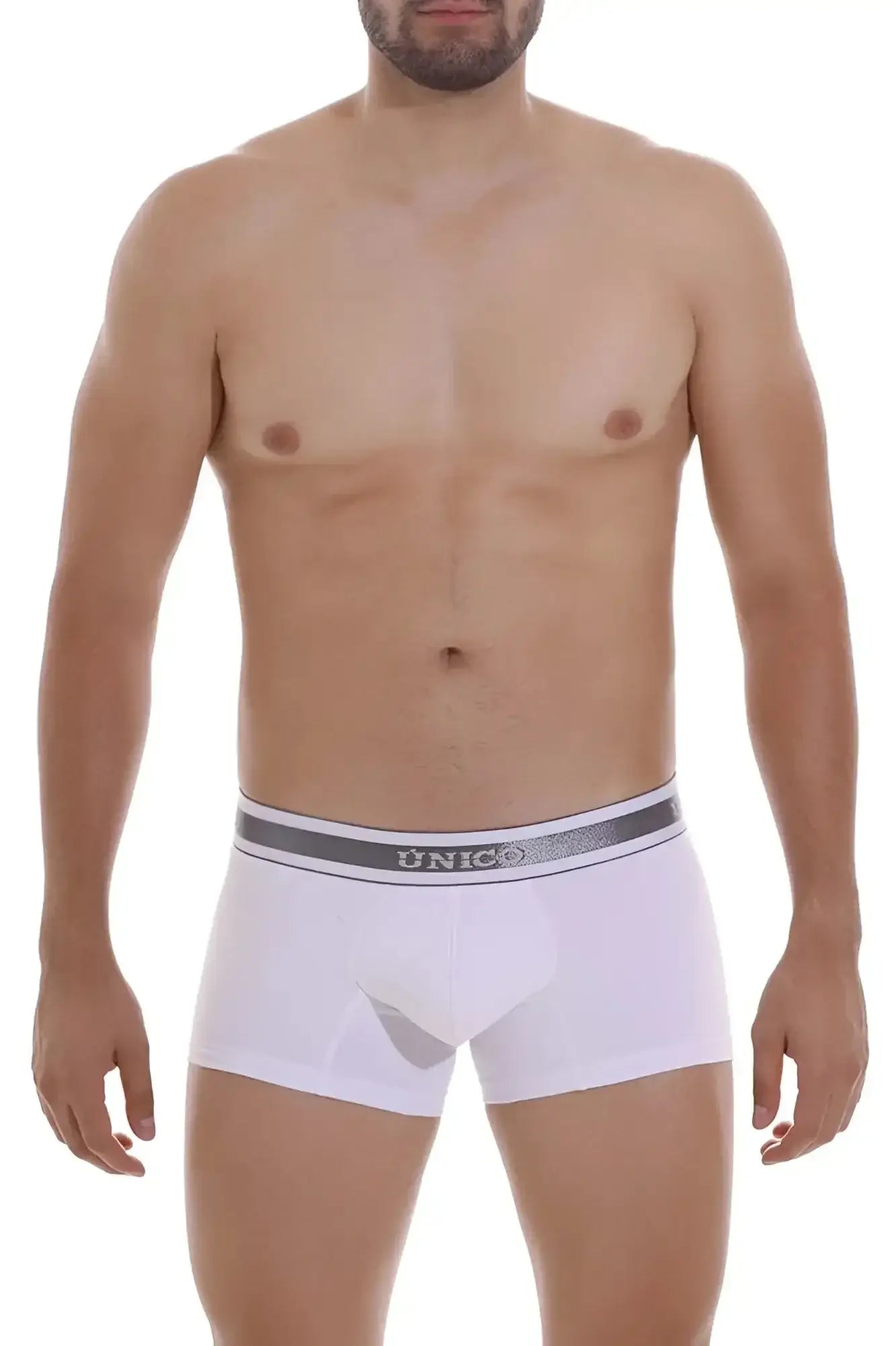 White unico 22120100109 lustre a22 men’s briefs with gray elastic waistband featuring silver brand lettering