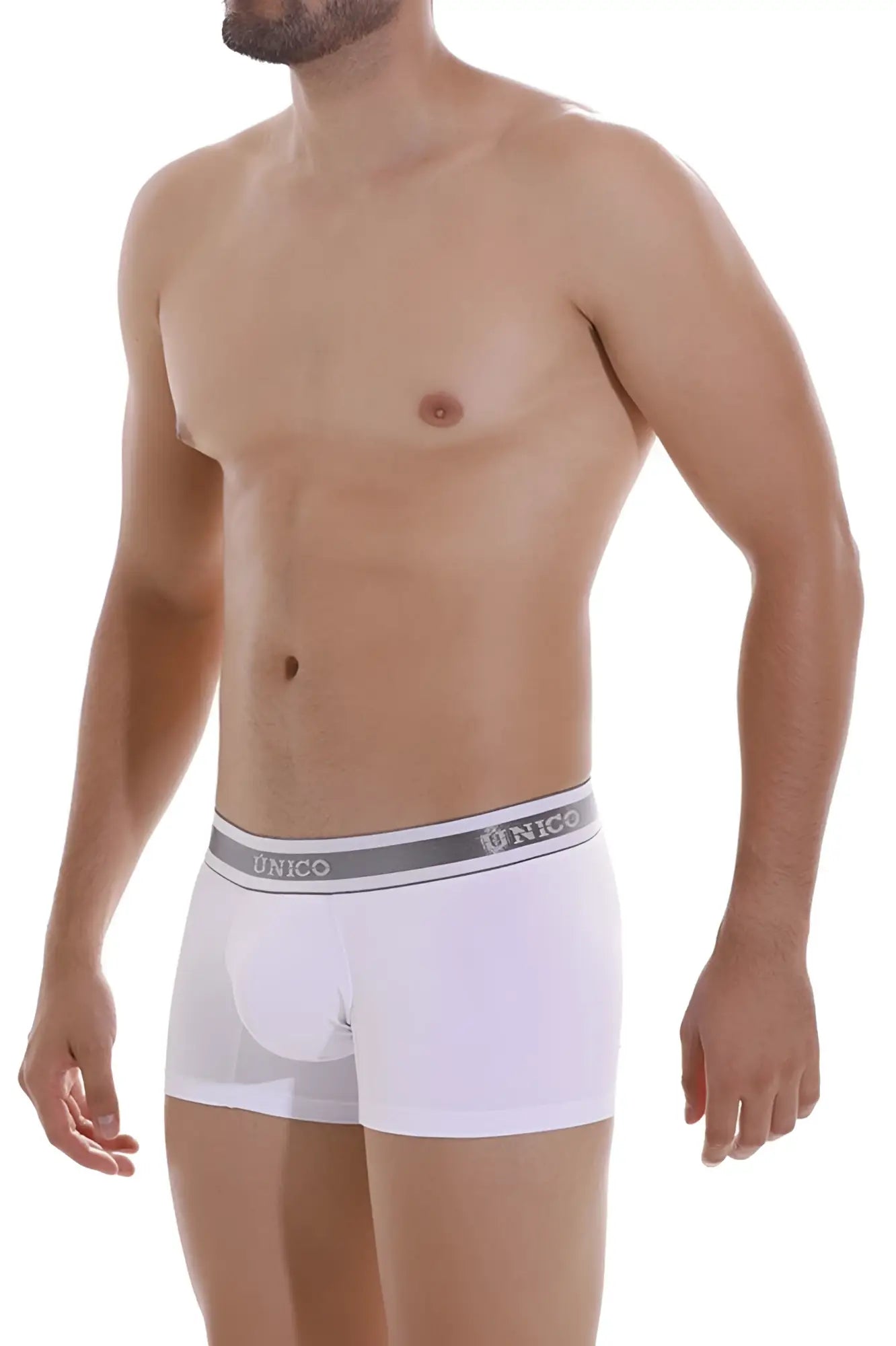 White unico boxer briefs with gray waistband featuring unico logo in lustre a22 trunks color 00-white design