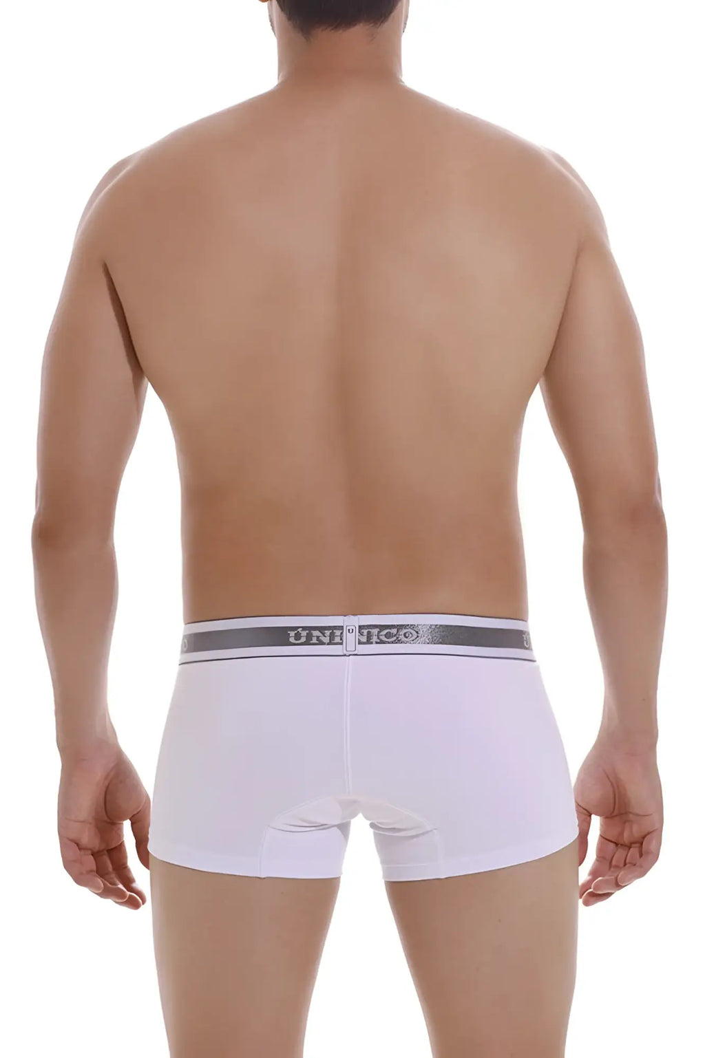 White unico 22120100109 lustre a22 trunks in white briefs with gray elastic waistband and black unico branding