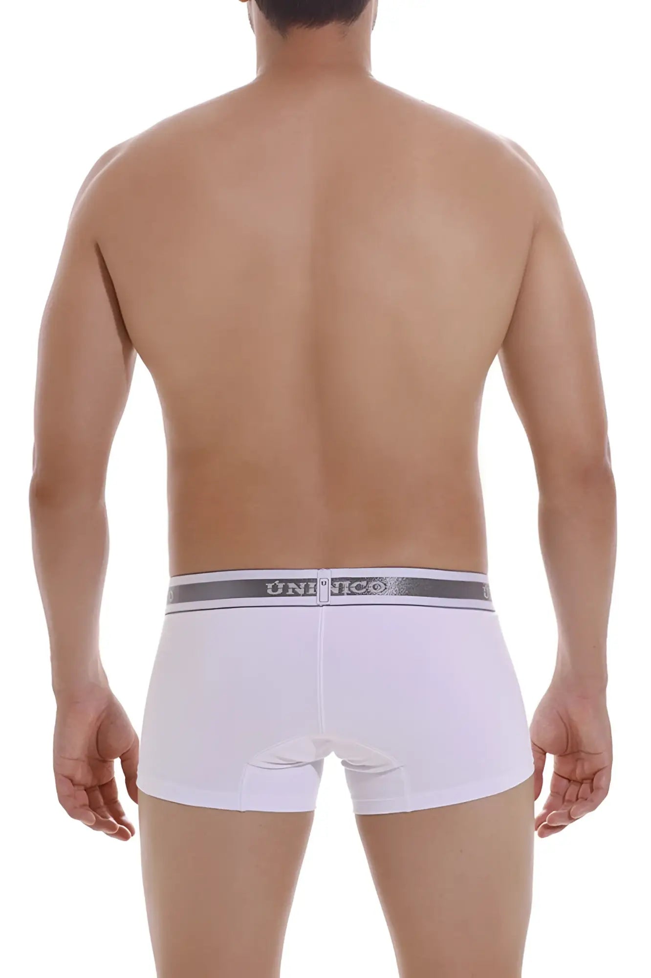 White unico 22120100109 lustre a22 trunks in white briefs with gray elastic waistband and black unico branding