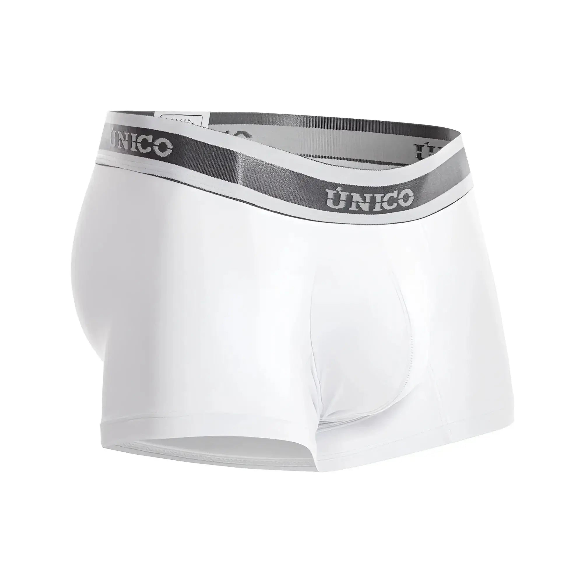 White unico 22120100109 lustre a22 trunks in white with gray elastic waistband featuring silver unico brand lettering