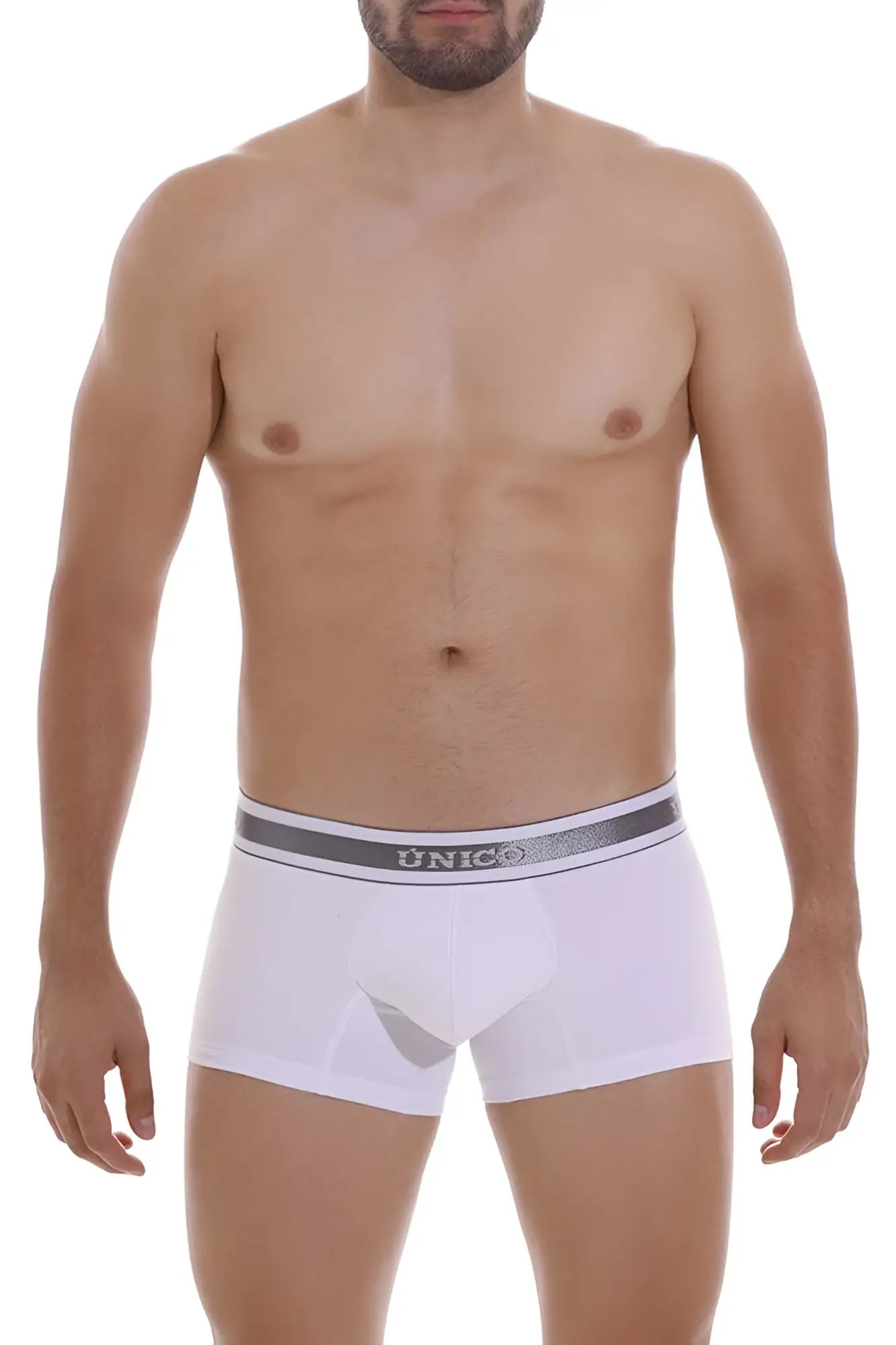 White unico 22120100109 lustre a22 men’s briefs with gray elastic waistband featuring silver brand lettering