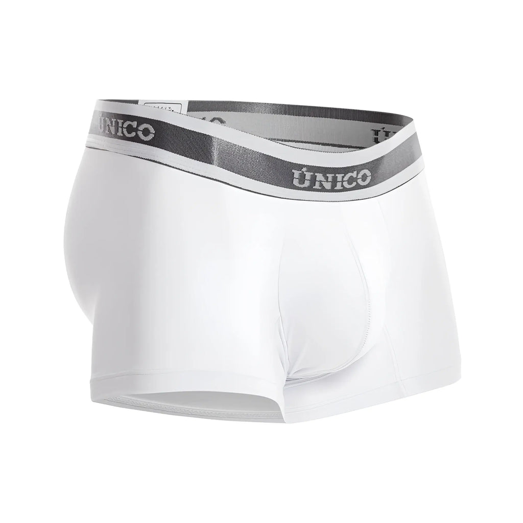 White unico 22120100109 lustre a22 trunks in white with gray elastic waistband featuring silver unico brand lettering