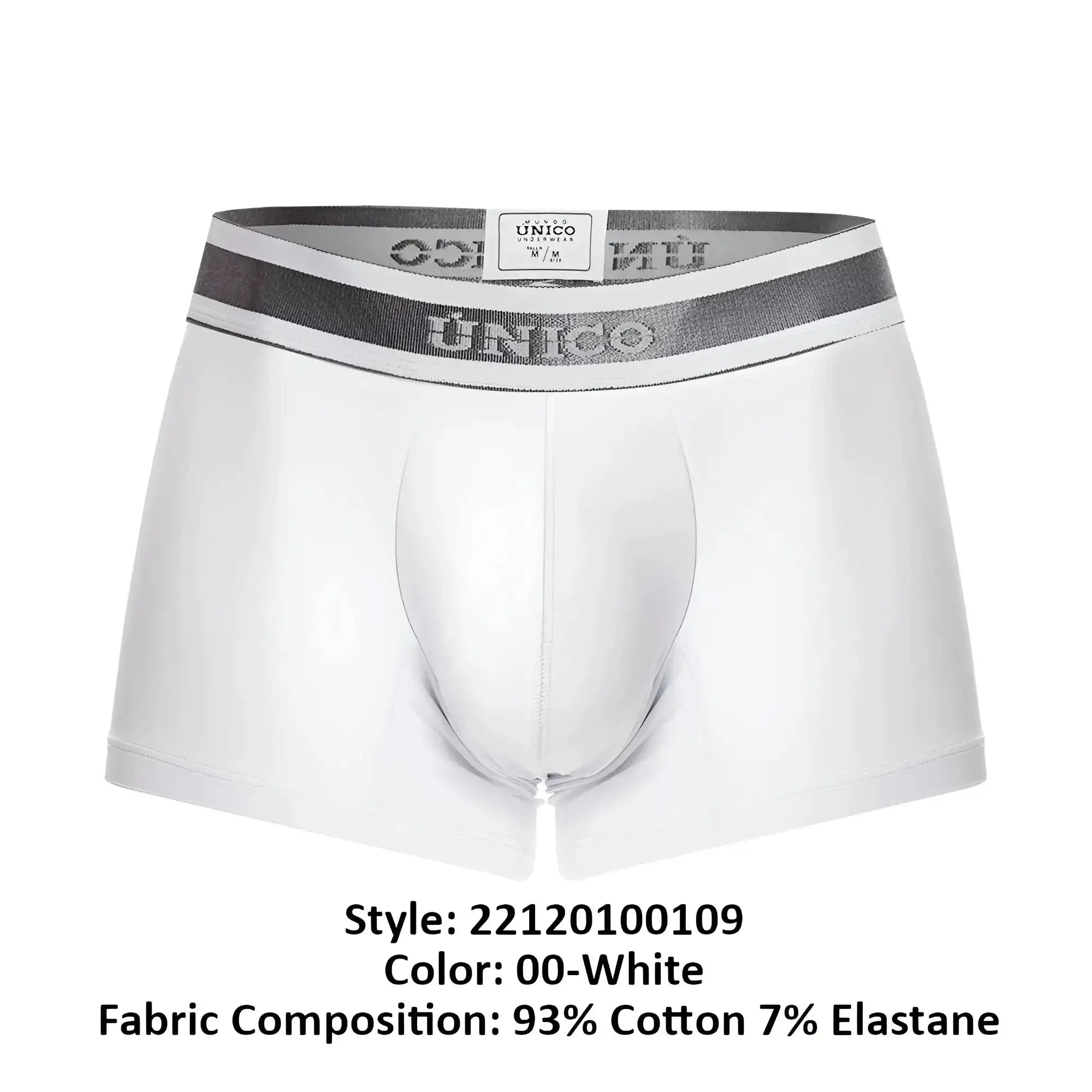 White unico men’s briefs with gray and white elastic waistband featuring the brand logo modelo 22120100109 lustre a22 trunks