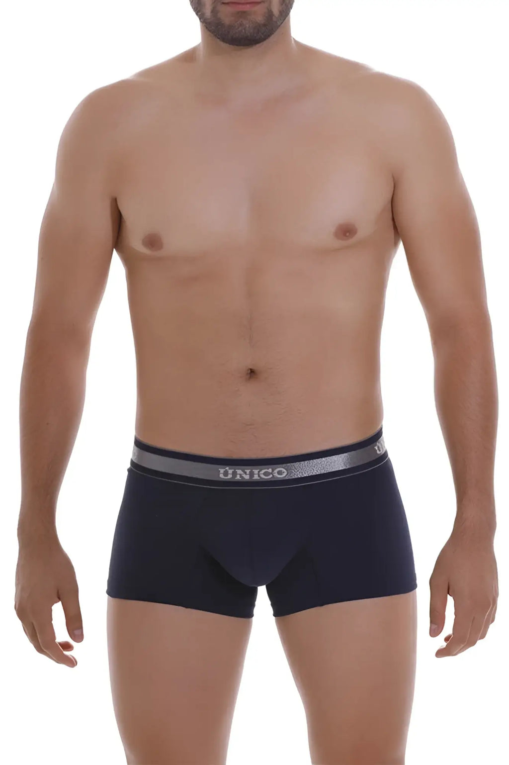 Black Unico boxer briefs with gray elastic waistband and silver brand name lettering color 82-dark blue