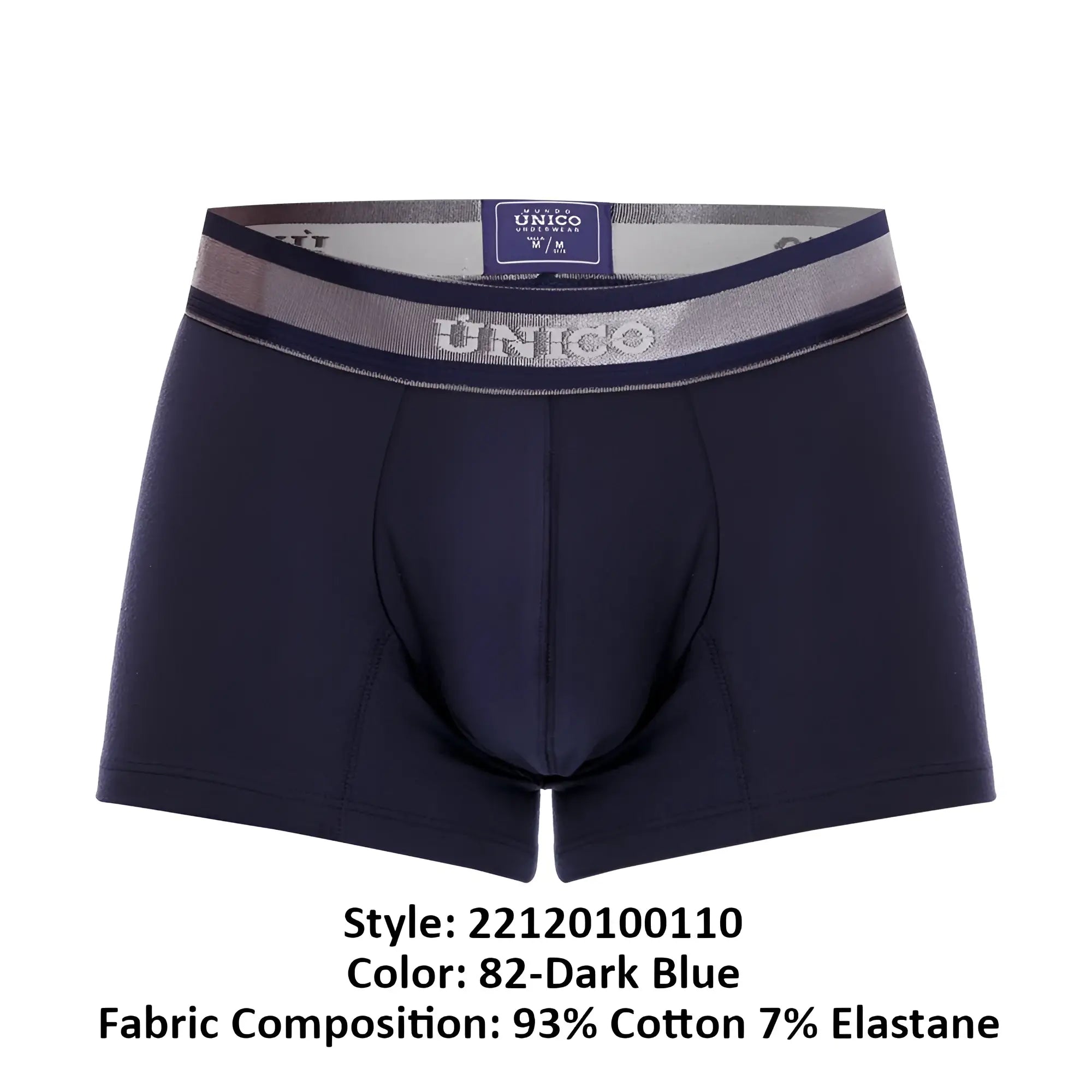 Dark blue unico men’s boxer briefs with silver and navy waistband featuring the unico brand logo